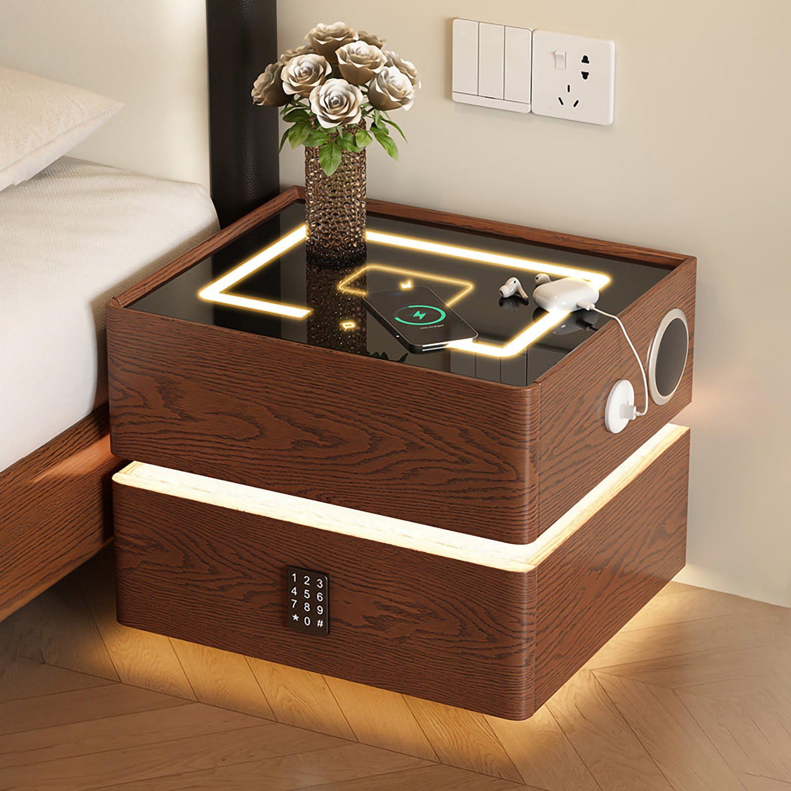 Table de chevet bois blanc 50x40x48cm avec station de recharge tactile