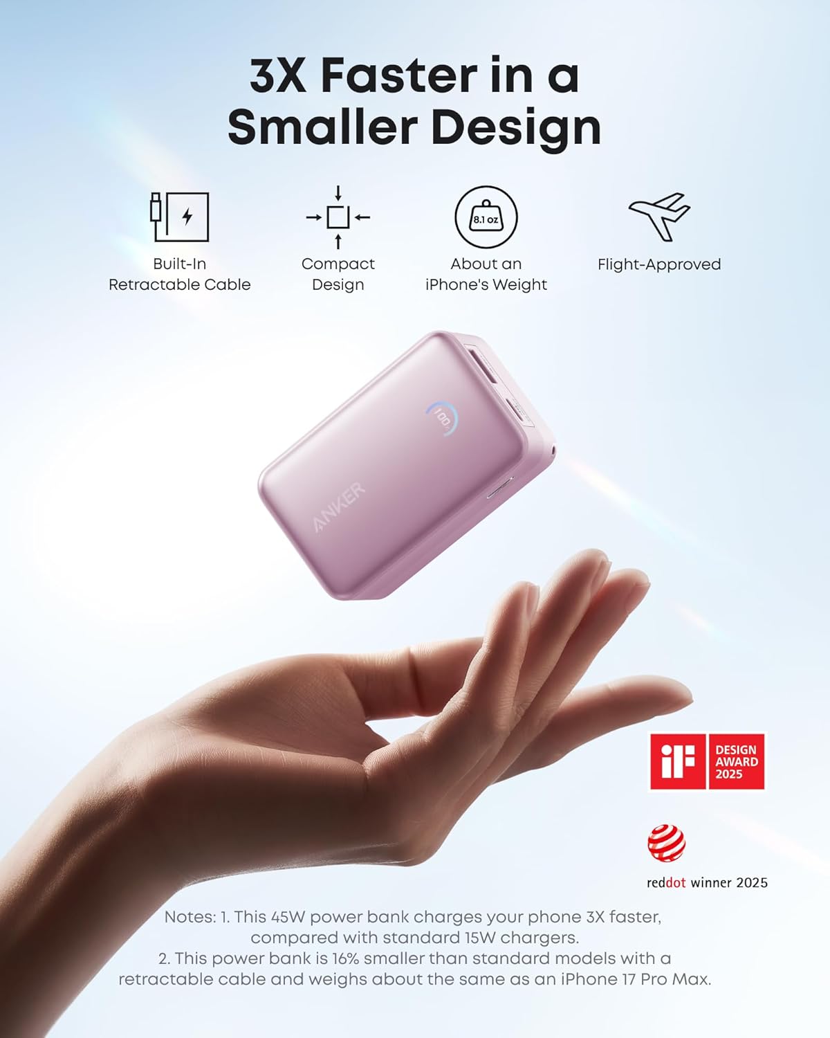 Anker Nano Portable Charger, 45W 10000mAh with 2.3 ft Retractable Cable, Compact Power Bank, Travel Essential Phone Battery Pack for iPhone 17/16 Series, iPad, Galaxy, Pixel, and More