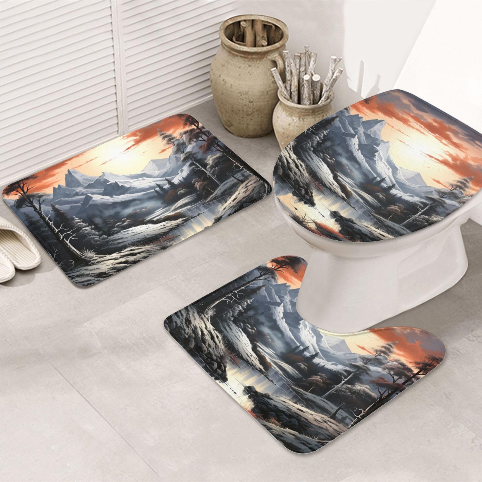 Dwrepo Paint Landscape Print Bathroom Rug Set 3 Piece with Non-Slip U-Shaped Contour Mat and Toilet Lid Cover for Bathroom Decoration