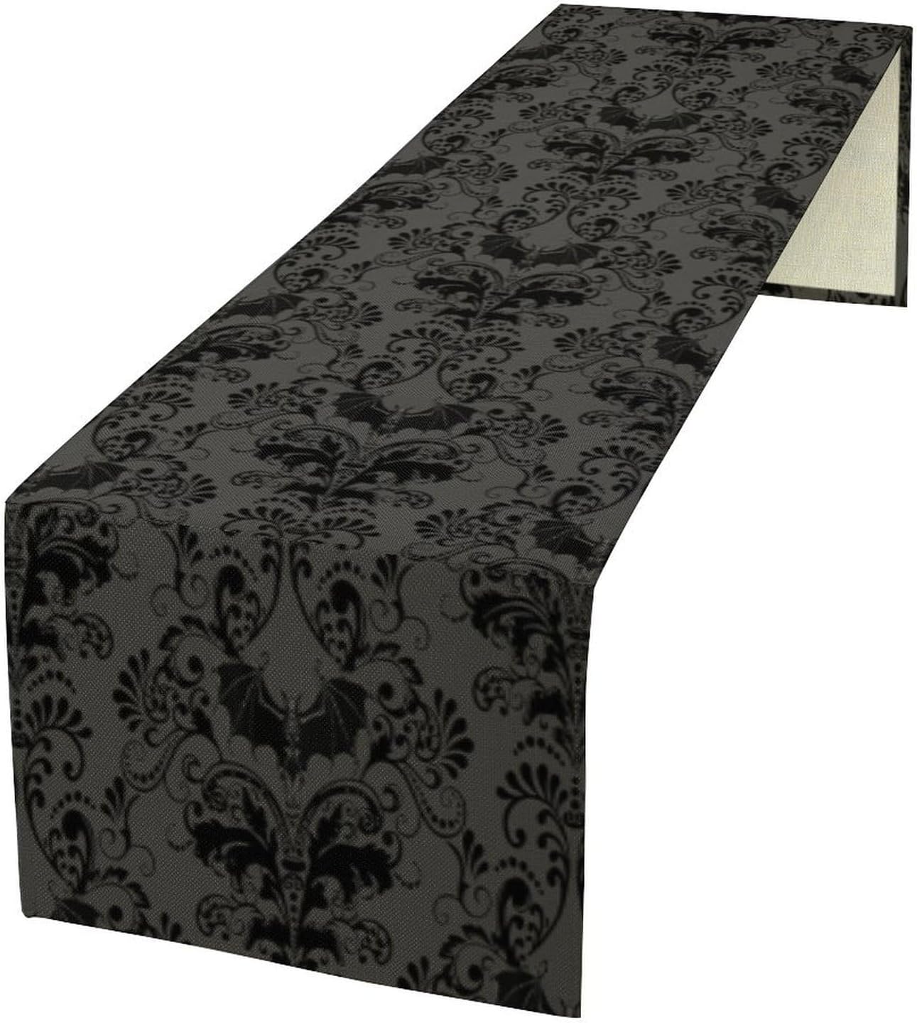 Black Damask Table Runner, Bats Skull Gothic Antique Victorian Black Floral Bohemian Exotic Table Runner for Home Kitchen Dining Table Party Holiday Decor, 13x90inch