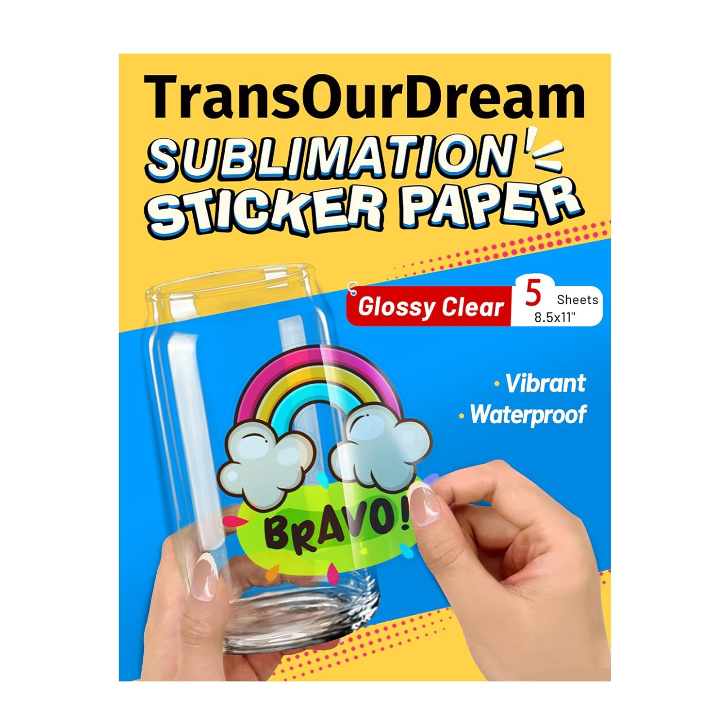 TransOurDream Sublimation Sticker Paper-5 Pcs 100% Glossy Clear Waterproof Sublimation Stickers 8.5×11 for Sublimation Inkjet Printer with Sublimation Ink, Decoration for Mugs, Phone Cases, Tumbler