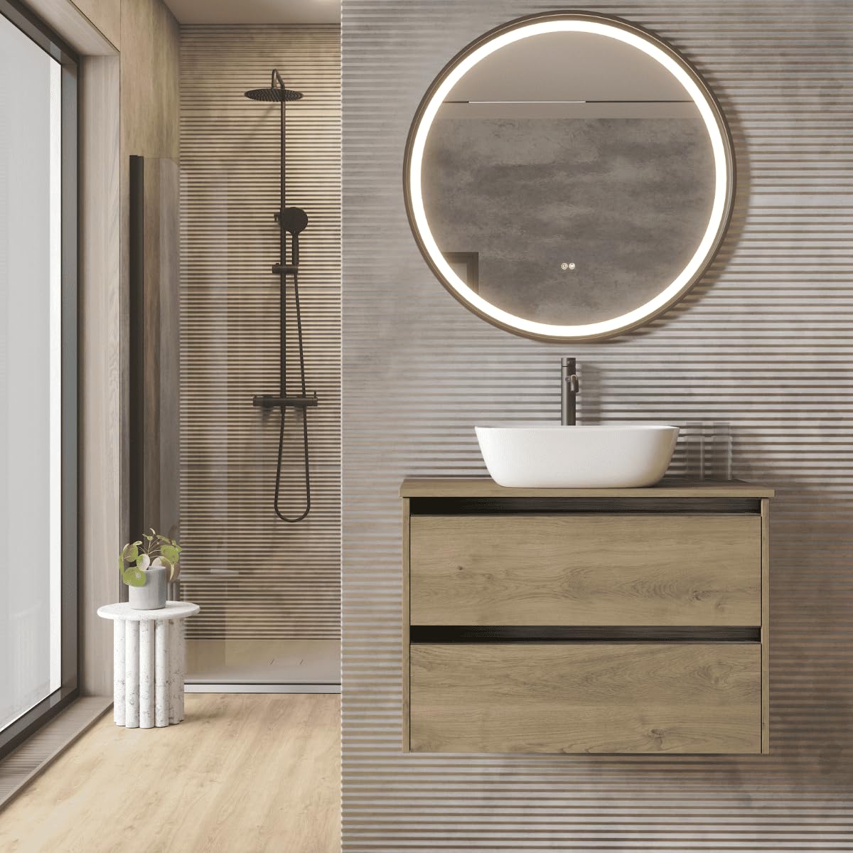 Mueble de Baño Suspendido con Lavabo Sobreponer Cerámico |Mueble Volado 2 Cajones Con Tirador | 60 cm Roble Natural Tirador Negro