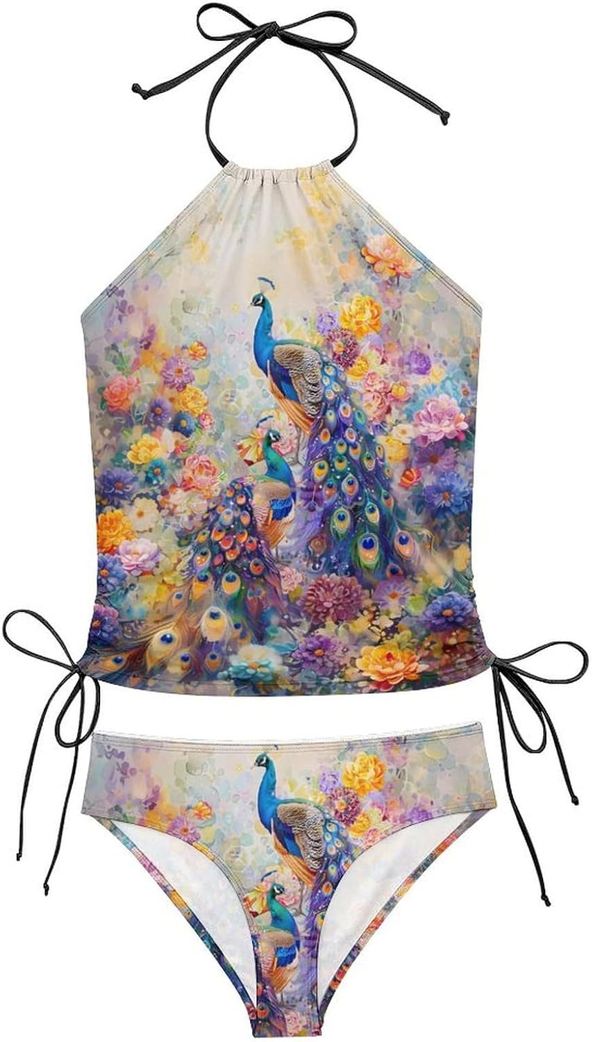 Watercolor Peacocks and Florals Women's Tankini Swimsuit Two Piece Tummy Control Bathing Suits Tie String Swimwear