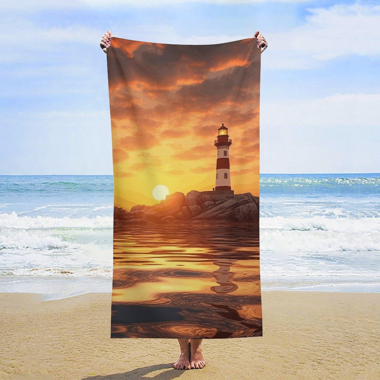 NTVOWPZO Sea Lighthouse in Sunset Beach Towel Oversized Microfiber Bath Towels Lightweight Sand Proof Beach Towels Absorbent Pool Towels for Swimming Yoga Bathroom Towel 31.5" X 63"