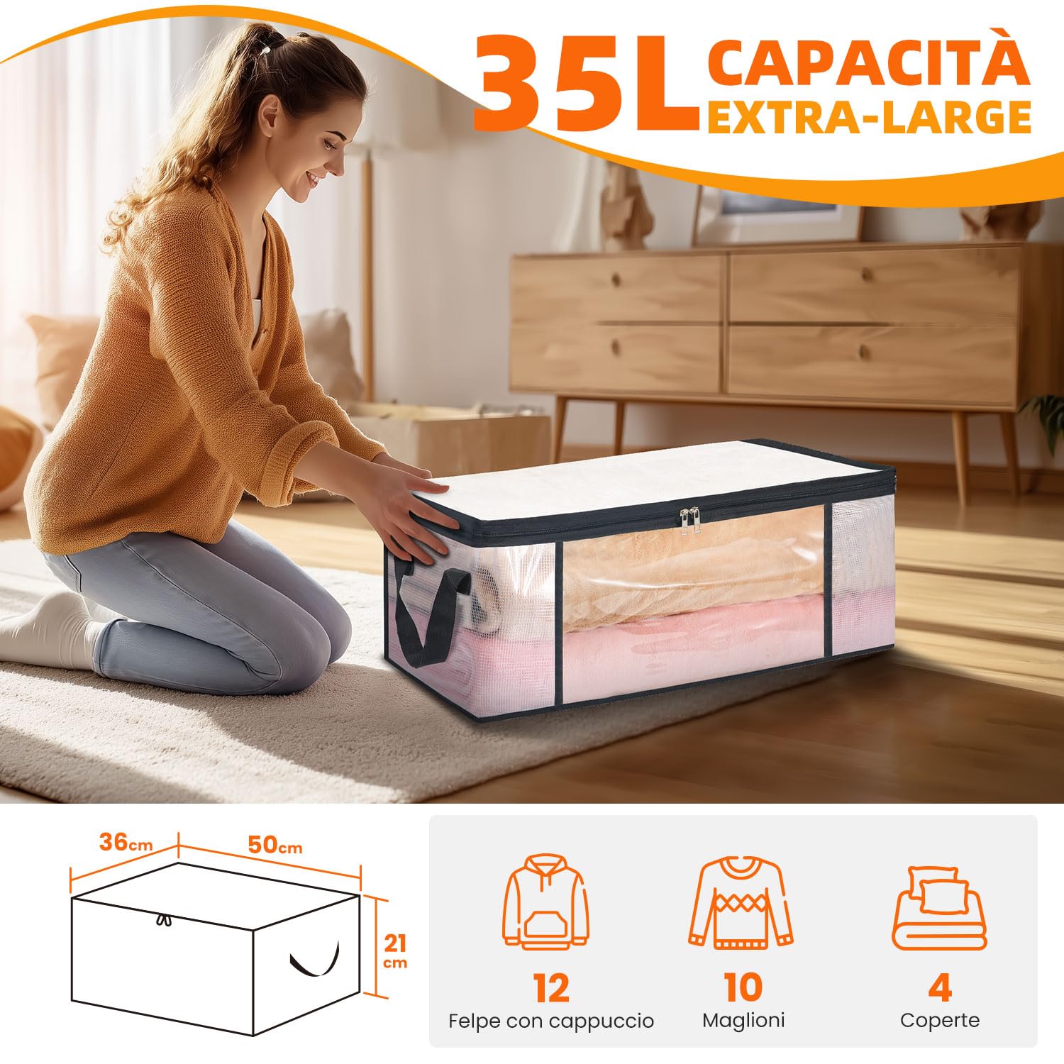 3 Pezzi Scatole per Vestiti Trasparenti 35L – Contenitori Pieghevoli con Cerniera e Manici – Organizer Salvaspazio per Armadio o Sotto Letto