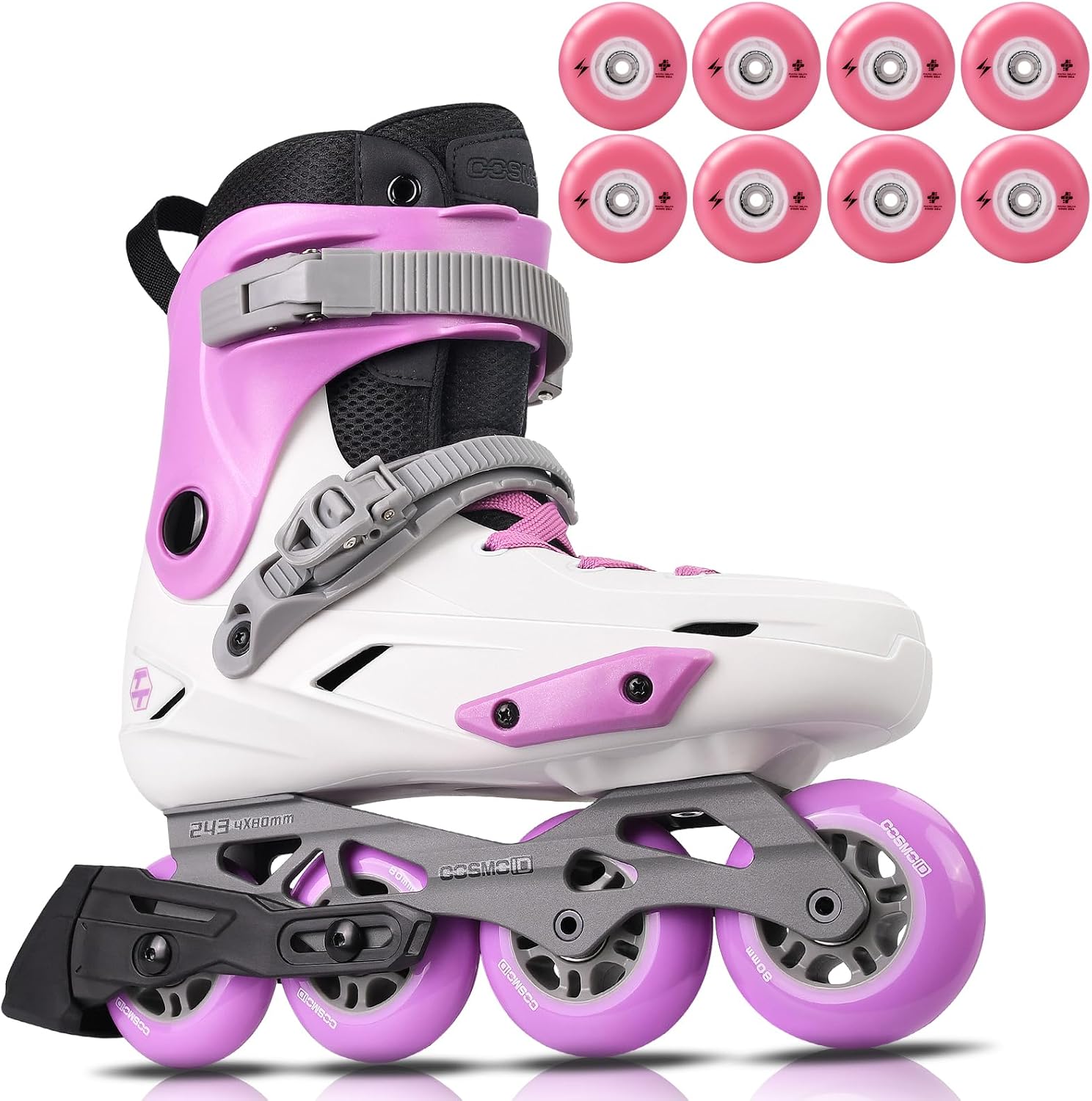 Inline Skates Bundle – Professional Roller Blades for Women & Men with 80mm Pink Light-Up Wheels (4-Pack), Indoor Outdoor Fitness Skating Set