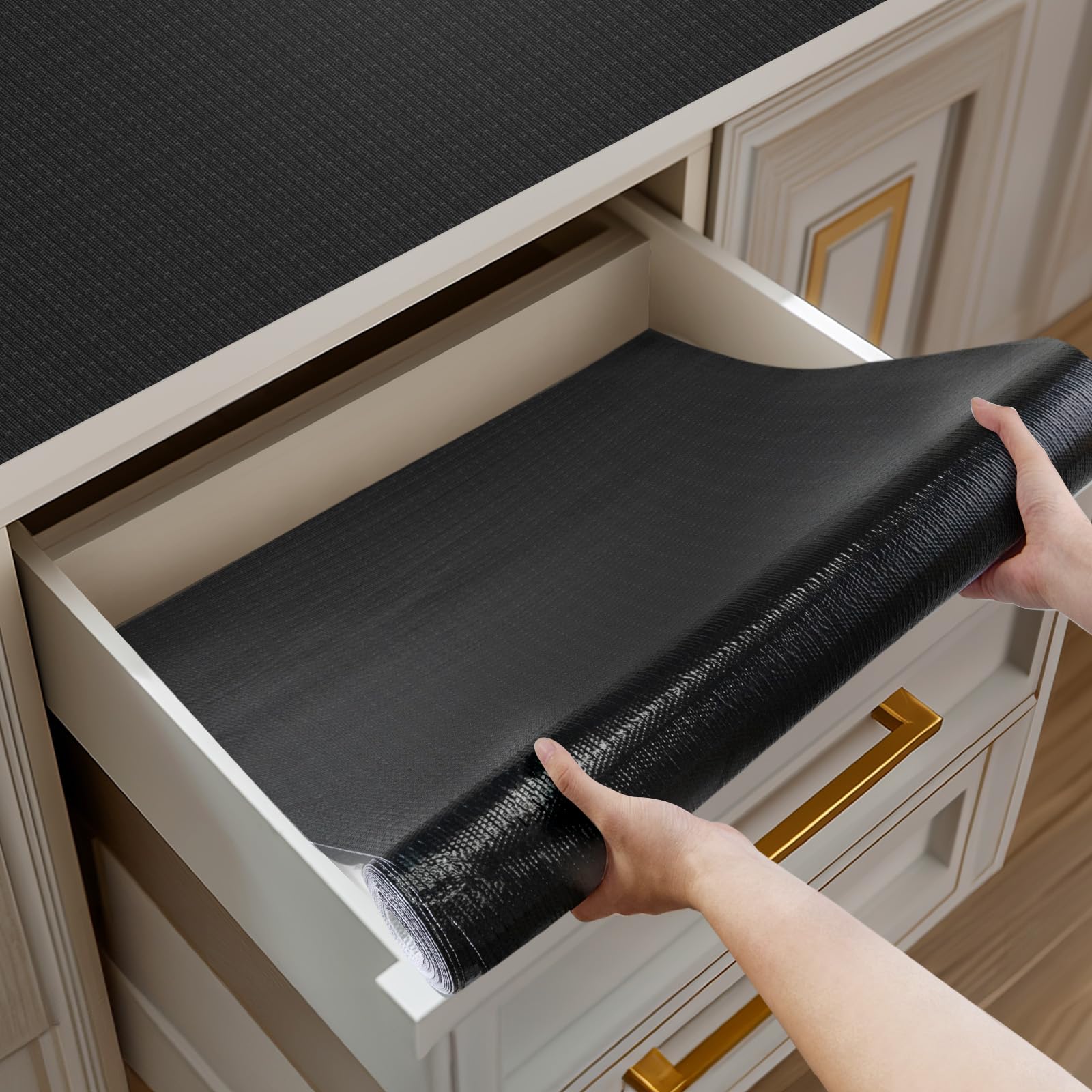 Shinlendid Shelf and Drawer Liner for Kitchen Cabinets Non-Adhesive, Strong Grip Non-Slip Thickened Cabinet Liners for Shelves, Waterproof Mats for Dresser Cupboard, Black, 23 in x 30 Feet