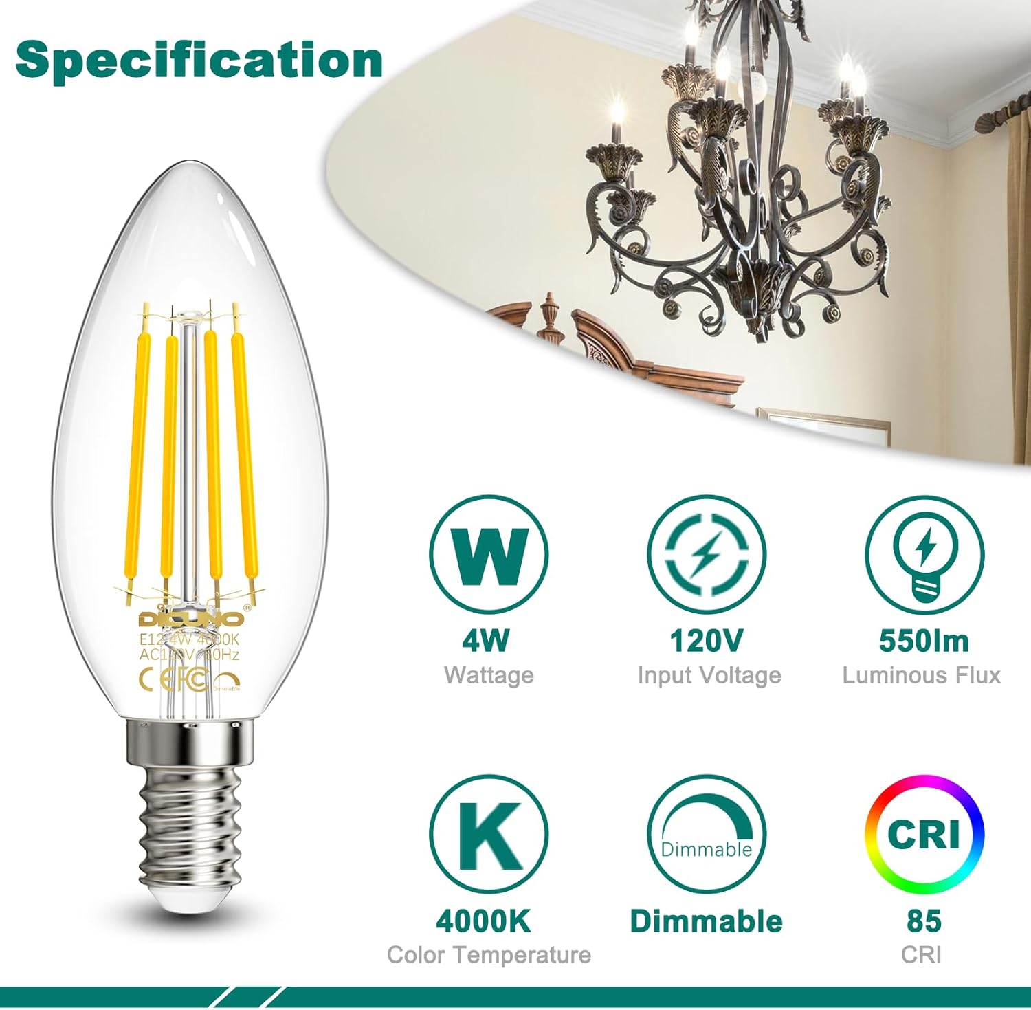 DiCUNO E12 Candelabra Bulb 60 Watt Equivalent, Natural White 4000K, 4W E12 LED Bulb Dimmable, Type B LED Filament Candelabra Light for Chandelier Light, Ceiling Fan, Clear Glass, 550lm, Pack of 6