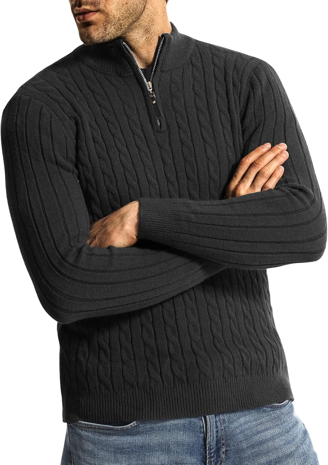 Surenow Men's Quarter-Zip Sweater Cable Knit Crew Neck Pullover Sweater Slim Fit Soft Thicken Casual Polo Sweaters for Men - Image 6