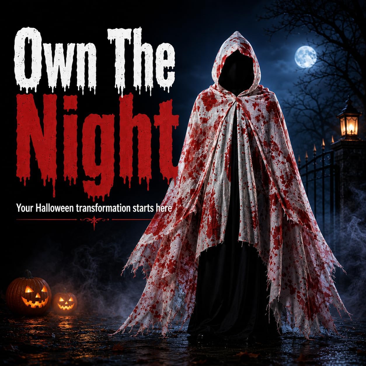 Halloween Scary Hooded Cloak Costume - Grim Reaper Cape with Bloodstain Design, Unisex Adult Vampire Witch Wizard Ghost Robe for Cosplay Party Prop