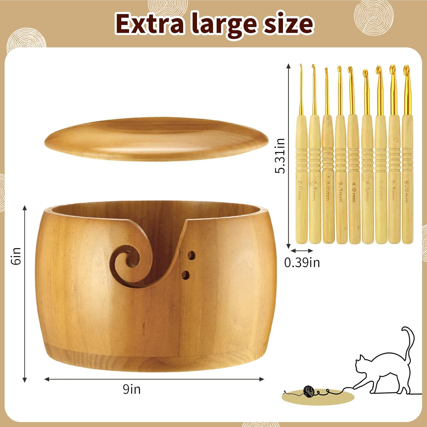 Giegxin Large Wooden Yarn Bowl with Lid 9"x9"x6" Yarn Holder for Knitting Craft Pine Wool Storage with 9 Pcs Crochet Hooks Handmade Crochet Kit Organizer Accessories for String (Light Brown, Classic)