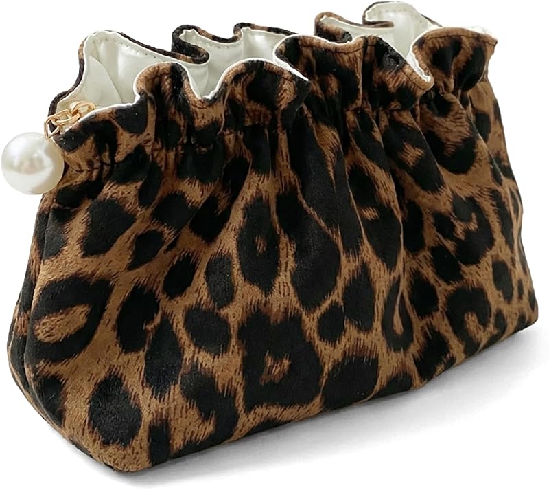 Necessaire de maquiagem Xllhjg com estampa de leopardo e zíper decorado com pérolas