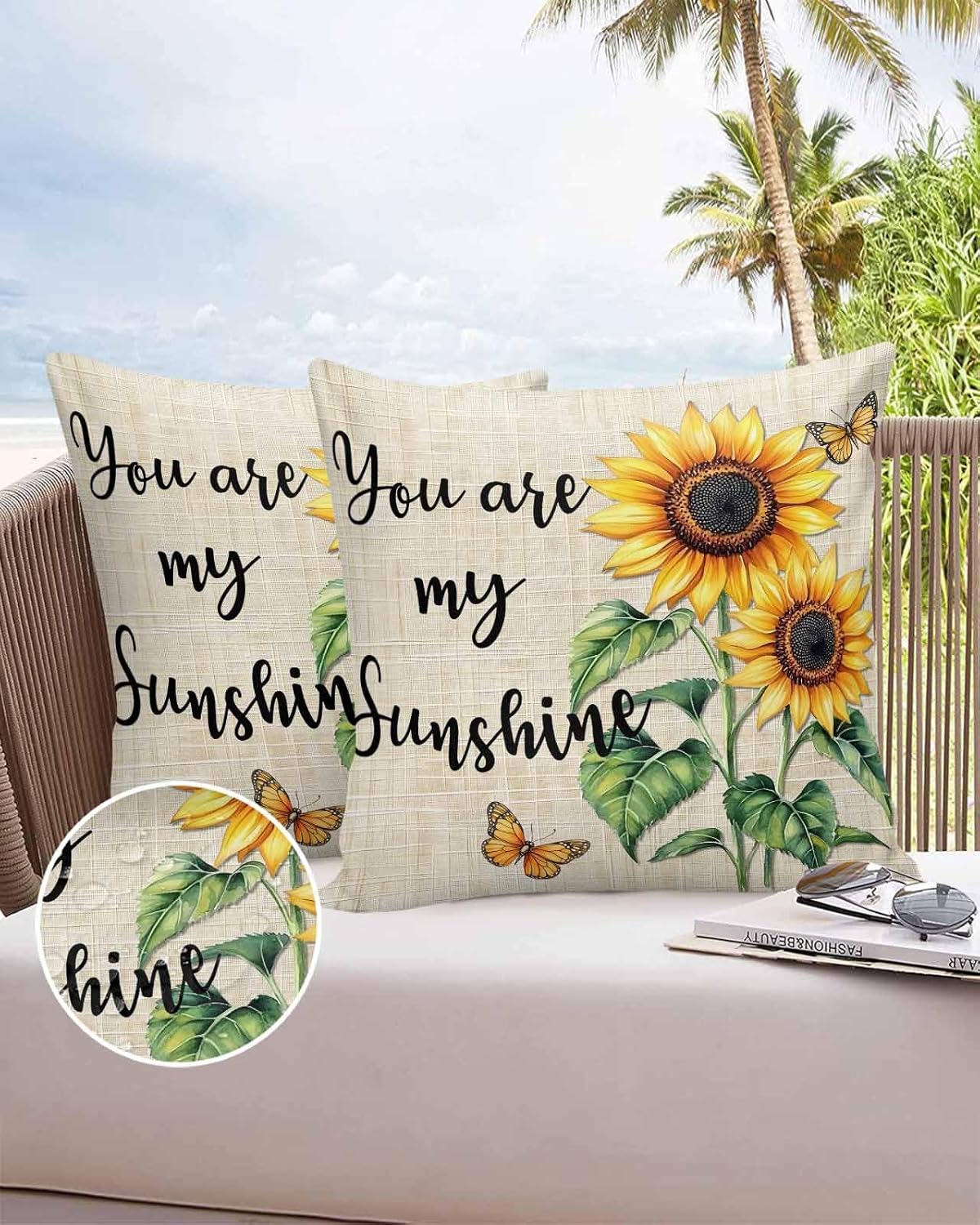 Outdoor Throw Pillow Covers 20x20 Waterproof Farm Sunflower Butterfly Outdoor Pillows Decorative Pillow Covers Cushion Covers Pillowcase for Tent Patio Garden Couch Set of 2, Vintage Country