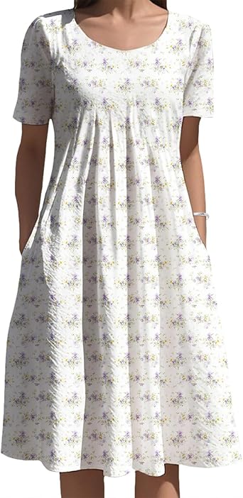 Womens Short Sleeve Midi Dress 2026 Summer Trendy Graphic Floral Dresses Baggy Beach Vacation Outfits with Pockets