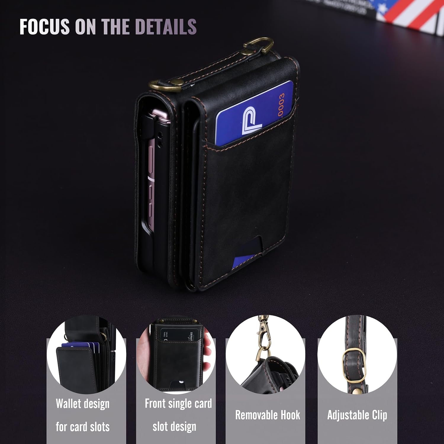 for Samsung Galaxy Z Flip 7 PU Leather Wallet Phone Case with Card Slots (Holds 5-7 Cards), Anti-Drop Protection, Wrist & Shoulder Strap Black