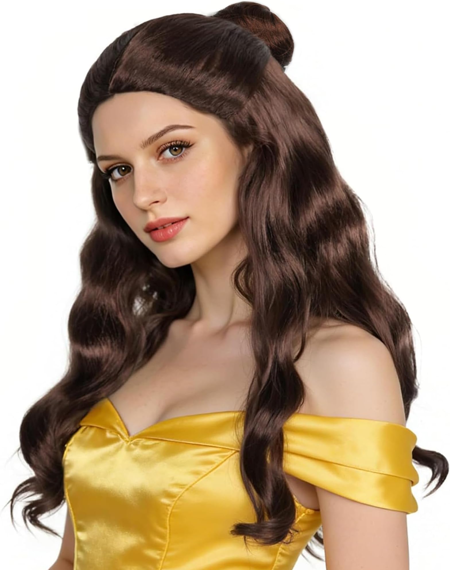 Hair Cap+ Long Wavy Brown Wig Women Princess Cosplay Wigs Prestyled Brown Ponytail Wigs Curly Auburn Updo Buns Hair for Halloween Costume Cosplay