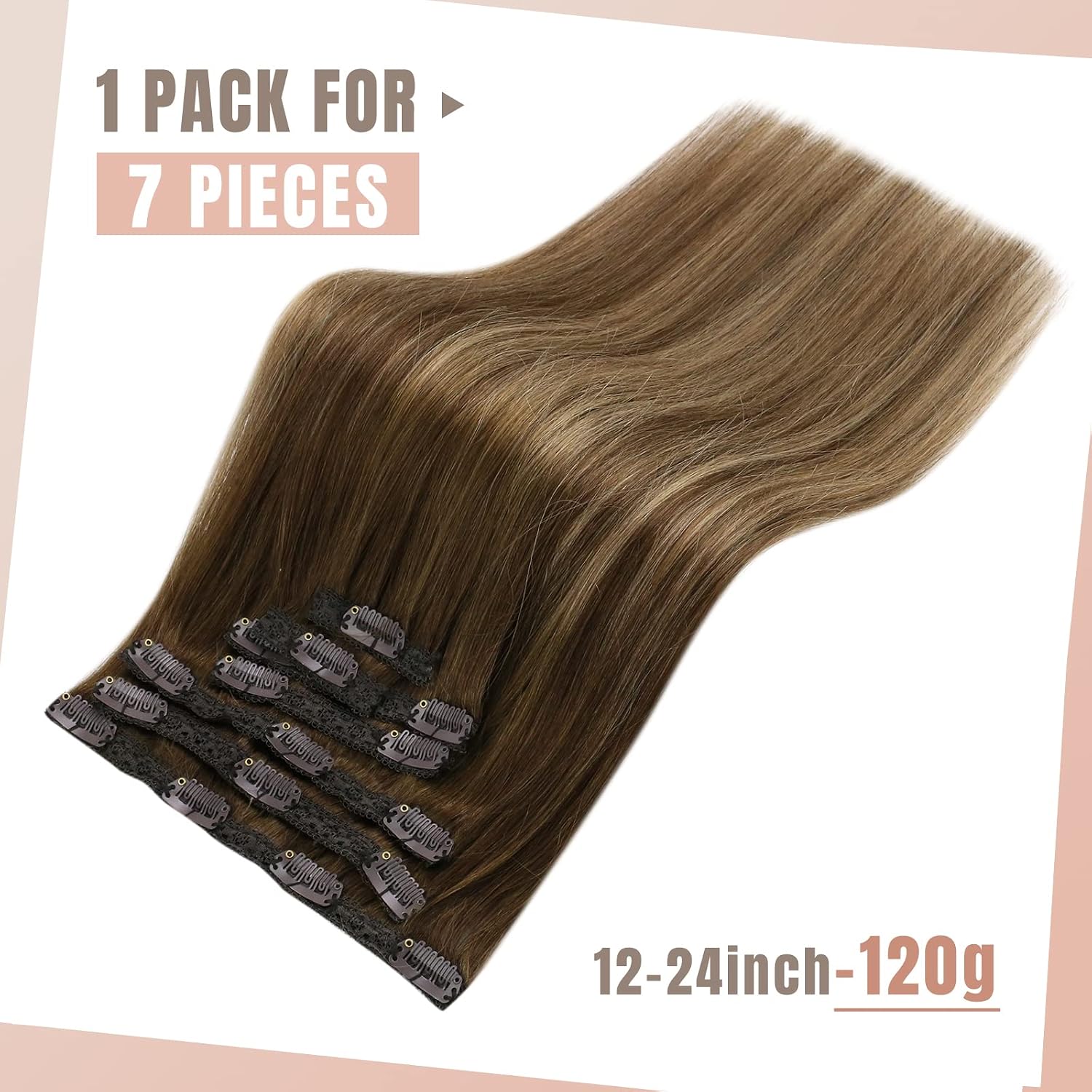 Fshine Clip in Hair Extensions Real Human Hair Balayage Medium Brown with Honey Blonde Hair Clip Ins 22 Inch Double Weft Real Hair Extensions Clip in Human Hair 7Pcs - Image 4