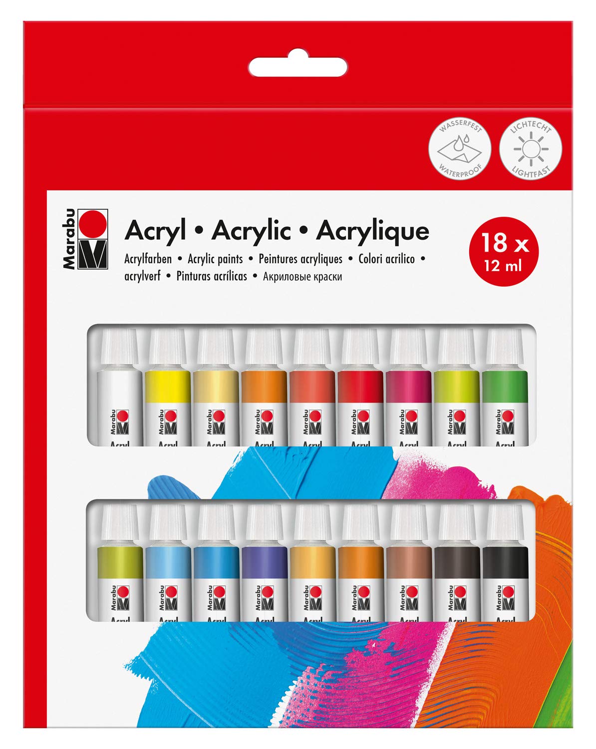 Marabu Set, Opaque Acrylic Water-based, Dry Quickly and Matte Gloss, Suitable for Many Surfaces, Waterproof and Fade-Resistant, 18 x 12 ml Paint, One Size, Colourful