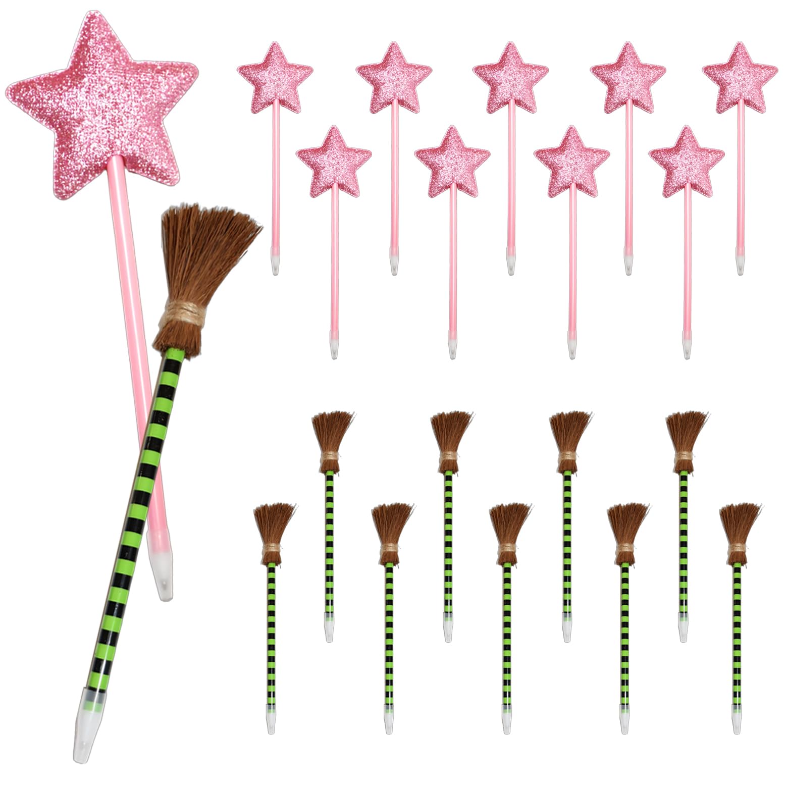 WethunGeo 20 Pack Wicked Party Favors,10 Princess Wand Pink and 10 Witch Broom Green Stripes Pens,Wicked Birthday Party Decorations,Wicked Themed