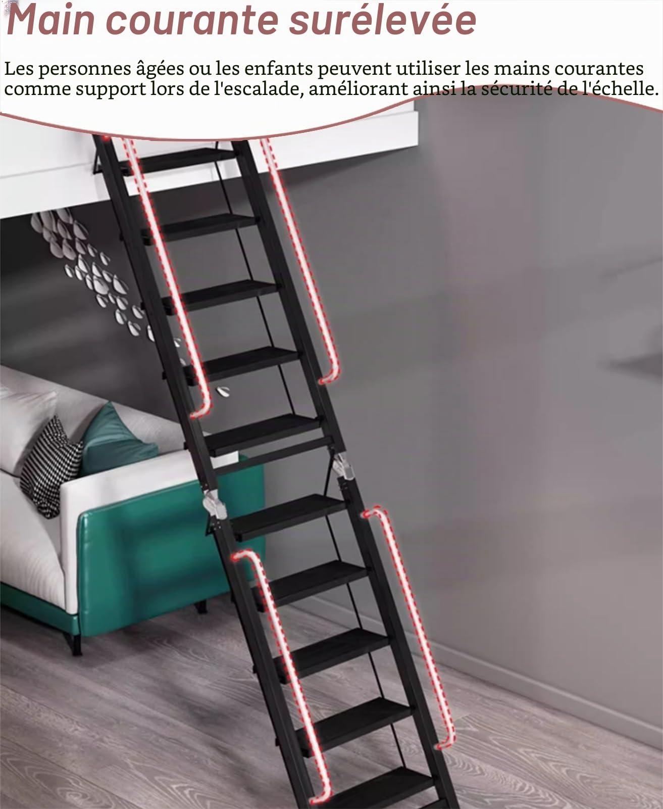 Escalier Escamotable Échelle de Lucarne Noir Mat Design Pliable, Échelles Pliantes pour Accès au Toit, Marches de Sortie de Secours pour Puits de Grenier(9 Steps L-2.75m/9.0ft)