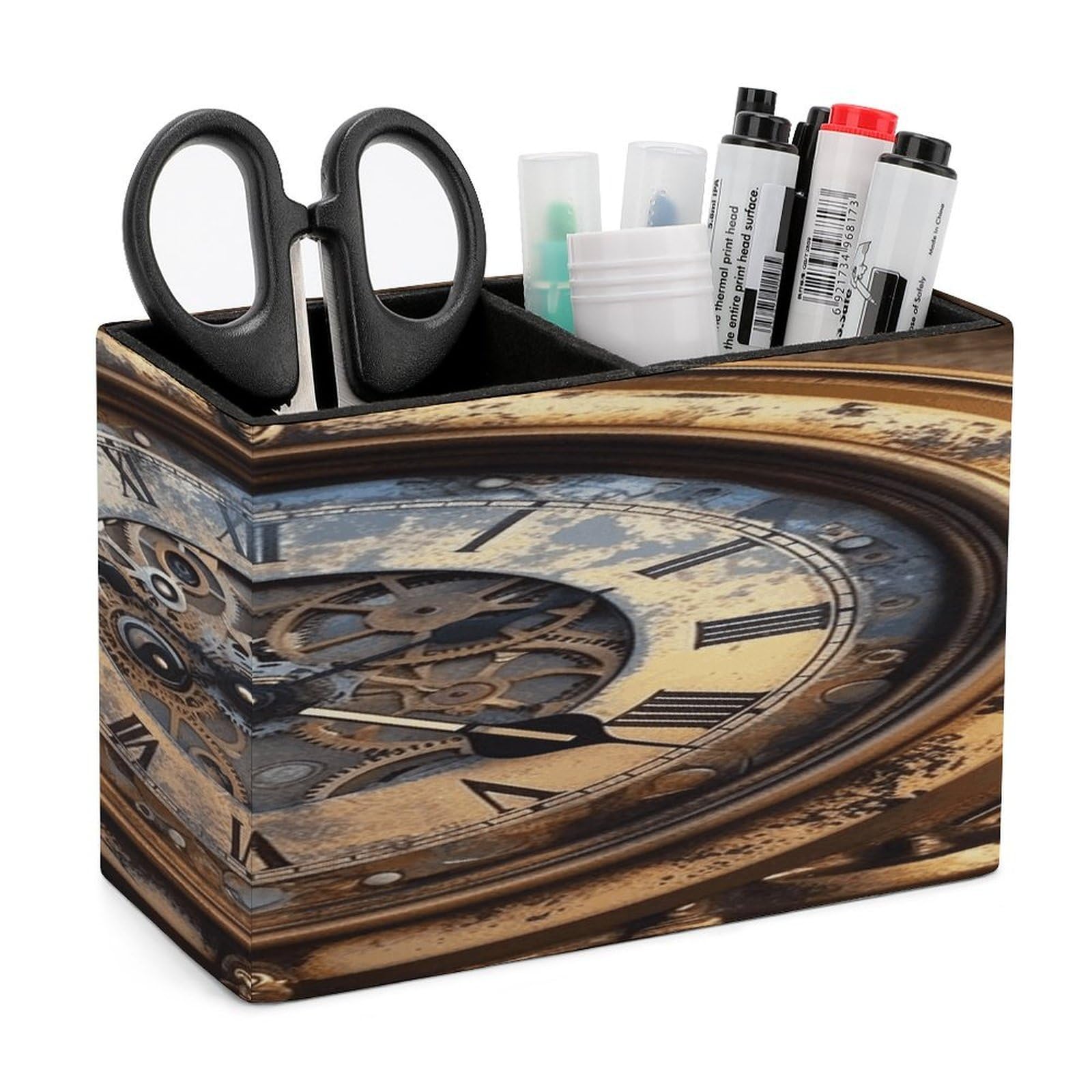 VstaDank Steampunk Clock Pen Holder Double Compartments Pen Cup Fashion Makeup Brush Holders Leather Pencil Holder for Work Locker Accessories Modern Pencil Cup for Desk Organizer