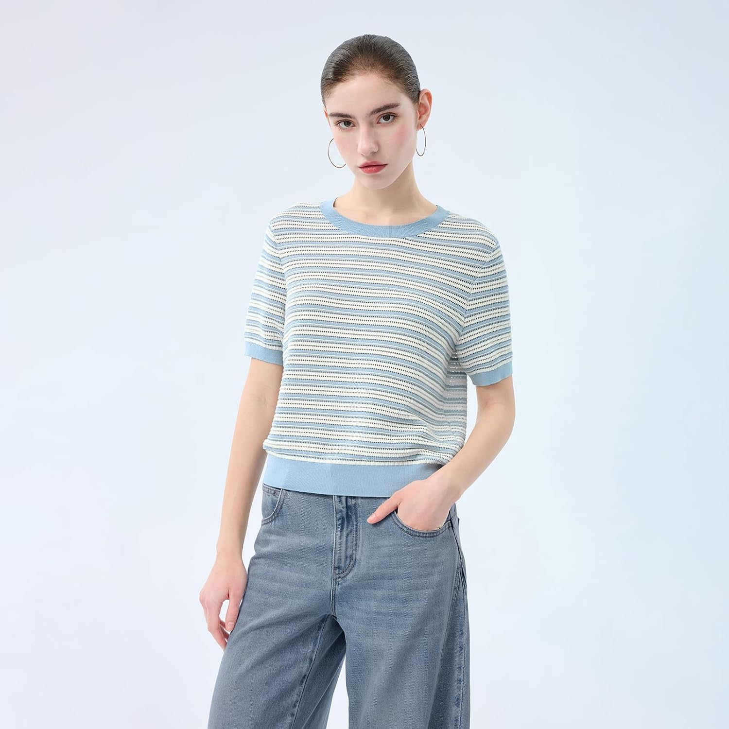 GOELIA Women's T Shirts Summer Tencel White Short Sleeve Crew Neck Knit Top Jacquard Embroidered Fitted Tops Work Going Out