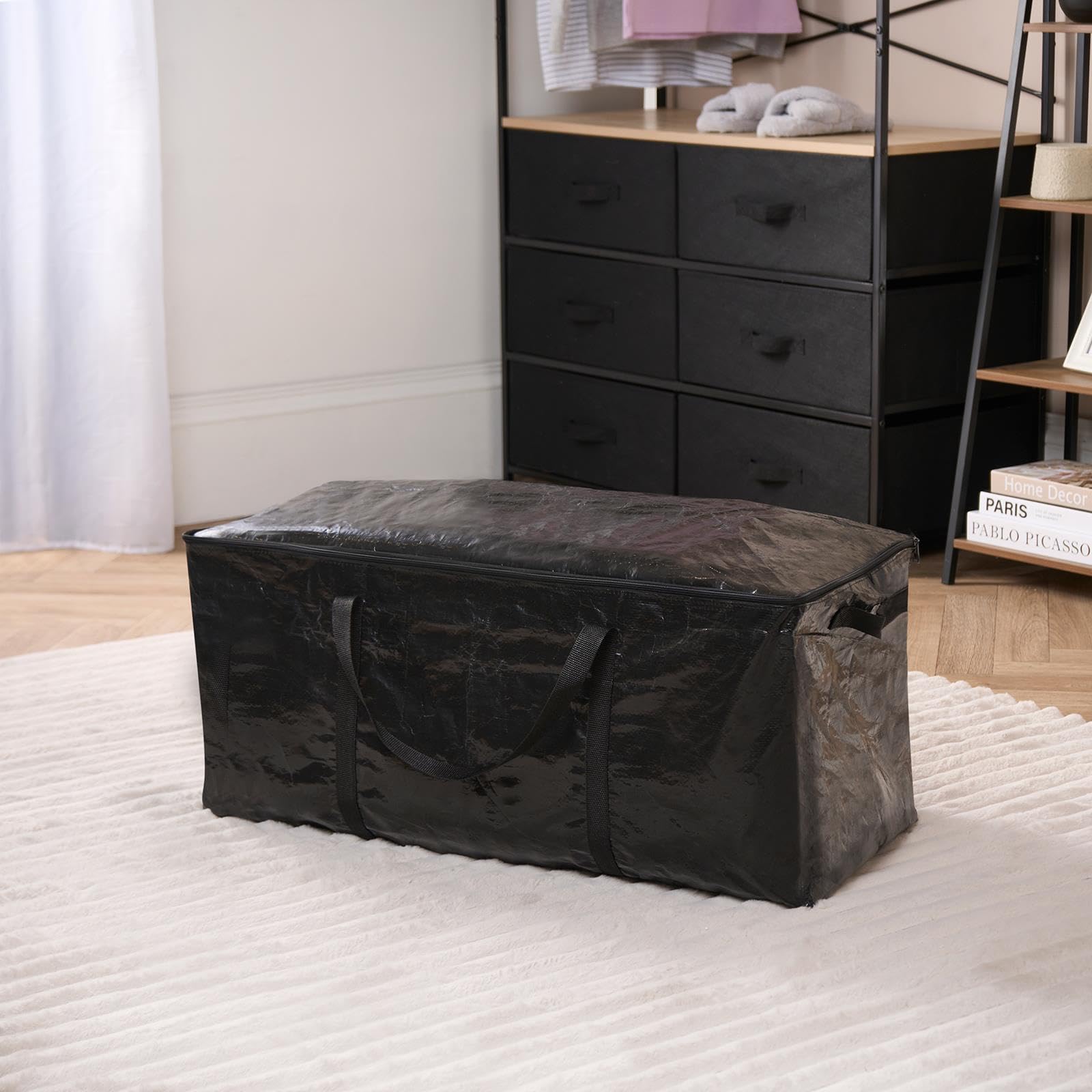Ohs Black Extra Large Storage Bag With Zip, Heavy-Duty Waterproof Organiser With Sturdy Handles For Moving Clothes & Bedding Foldable Reusable Laundry Bag, - 74X33x36cm