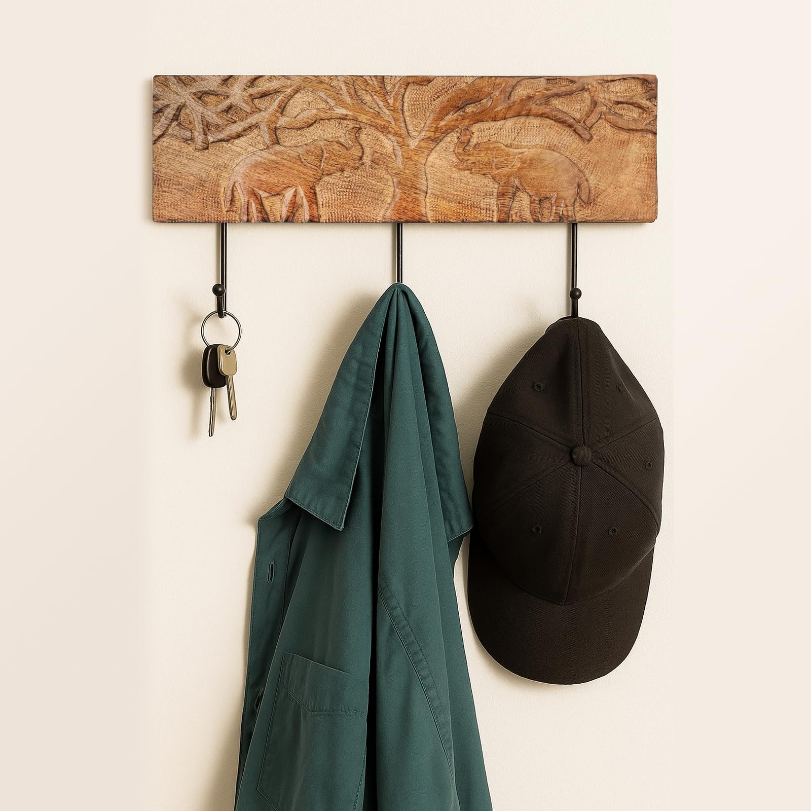 Ajuny Wooden Coat Hooks Wall Mounted Rail Rack 3 Hooks Elephant Carving