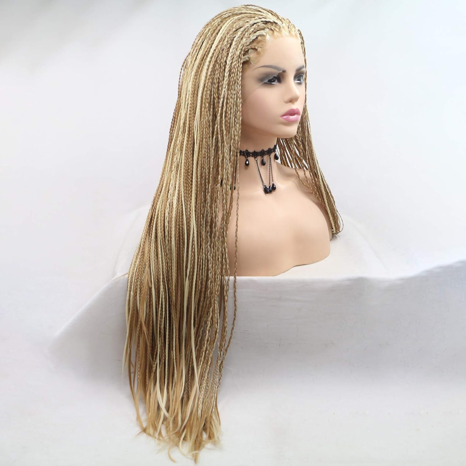 Highlight Blonde Box Braided Wig Micro Lace Front Wigs for Women Long Braid Synthetic Hair Wig Glueless Lace Wig Natural Hairline Synthetic Heat Resistant Fiber Hair for Women 26Inch(Brown)