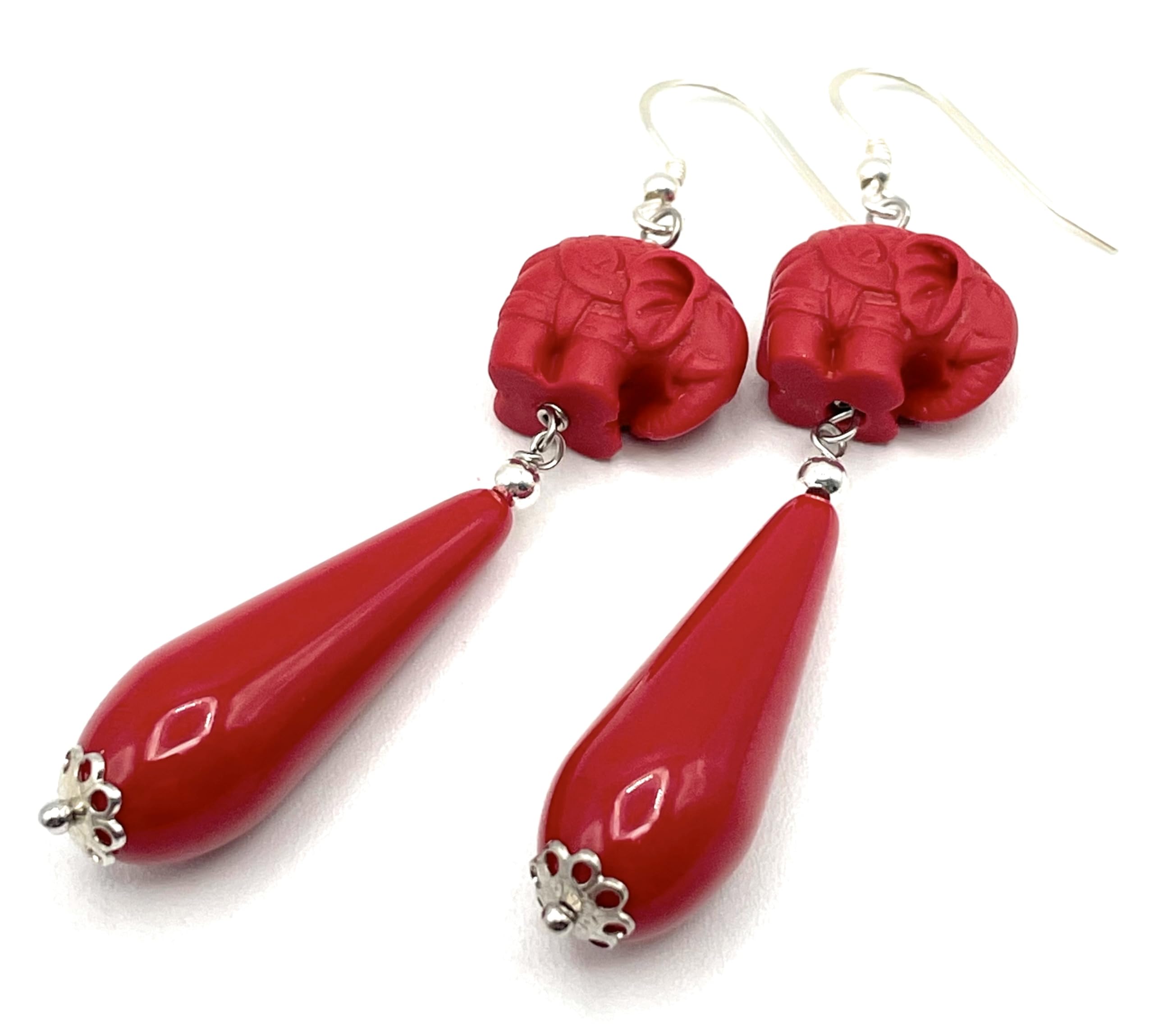 Orecchini con Elefanti in Lacca e Gocce Rosse, Pendenti in Argento 925, Gioielli Orientali, Bijoux Moderni, Regalo per Lei