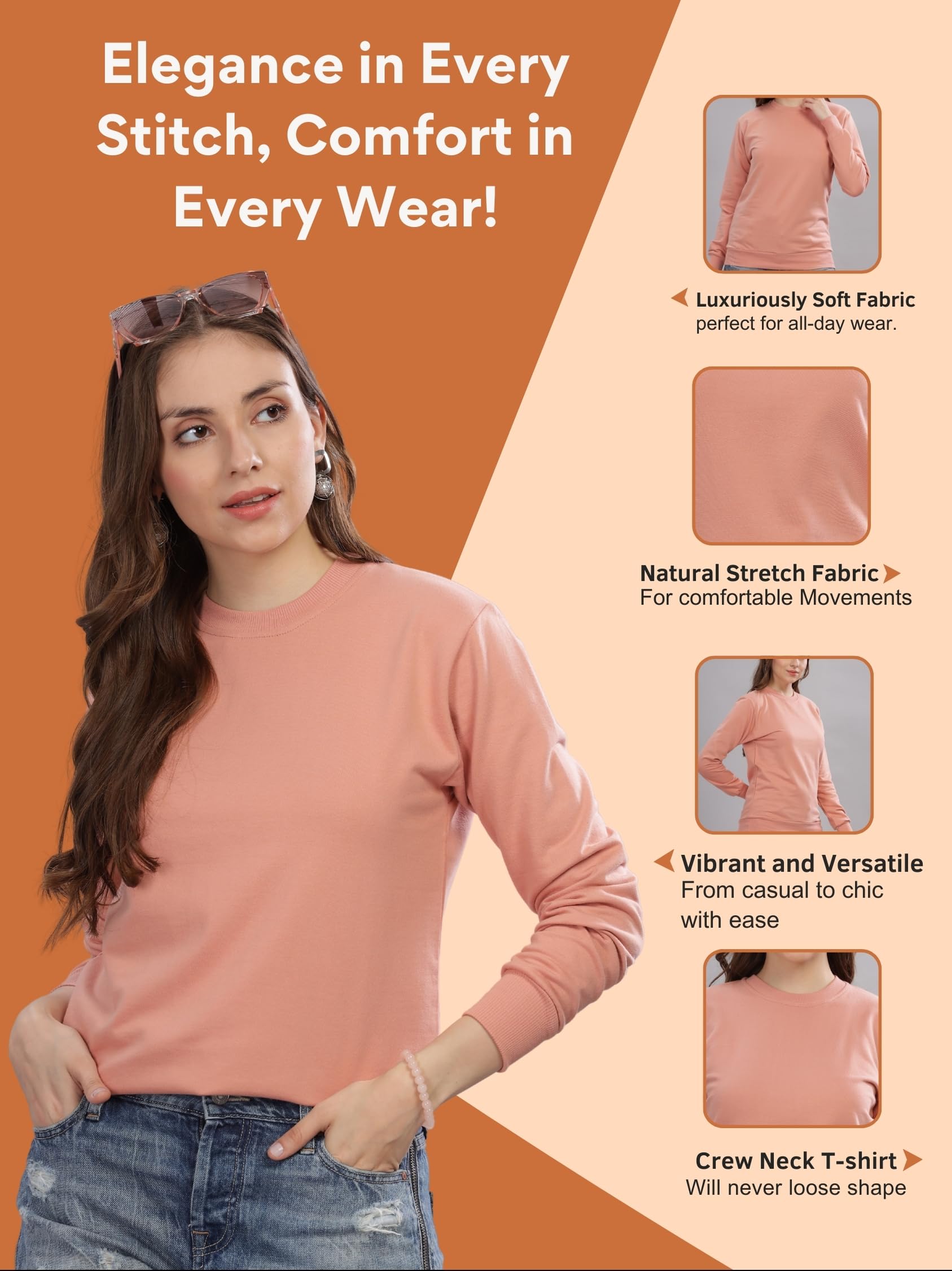 FALTU.CO Sweatshirt for Women Winter Wear Full Sleeve Stylish & Cozy Regular Fit, Solid, Outdoor, Gym, Travel & Everyday Wear | Peach | 3