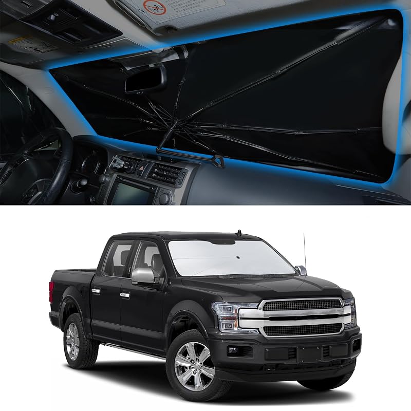 Protetor solar para para-brisa com formato de guarda-chuva YYCKE compatível com Ford F-150 2015 a 2020, preto e prata