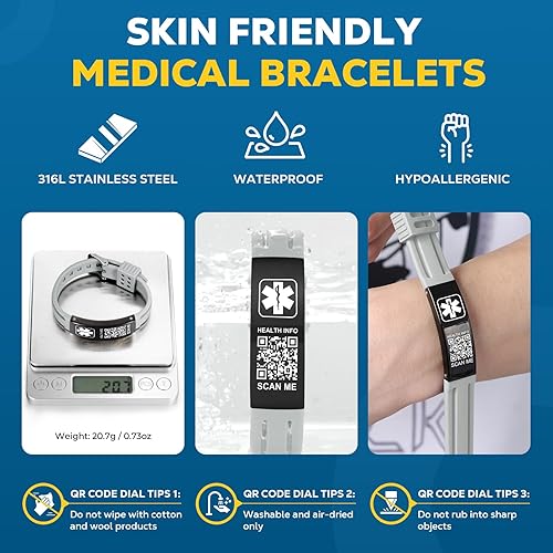 Miniatura 2 de Theluckytag Pulseras médicas para hombres y mujeres con código QR, pulseras de identificación de alerta médica, pulsera impermeable de silicona para