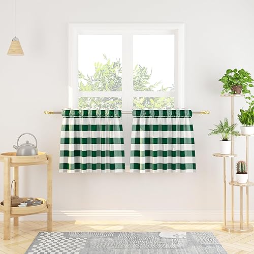 Miniatura 101 de Cortina ajustable con cenefa para ventana de cocina Buffalo Check, a cuadros, gingham, estilo granja, con bolsillo para barra, para baño, 42 x 45