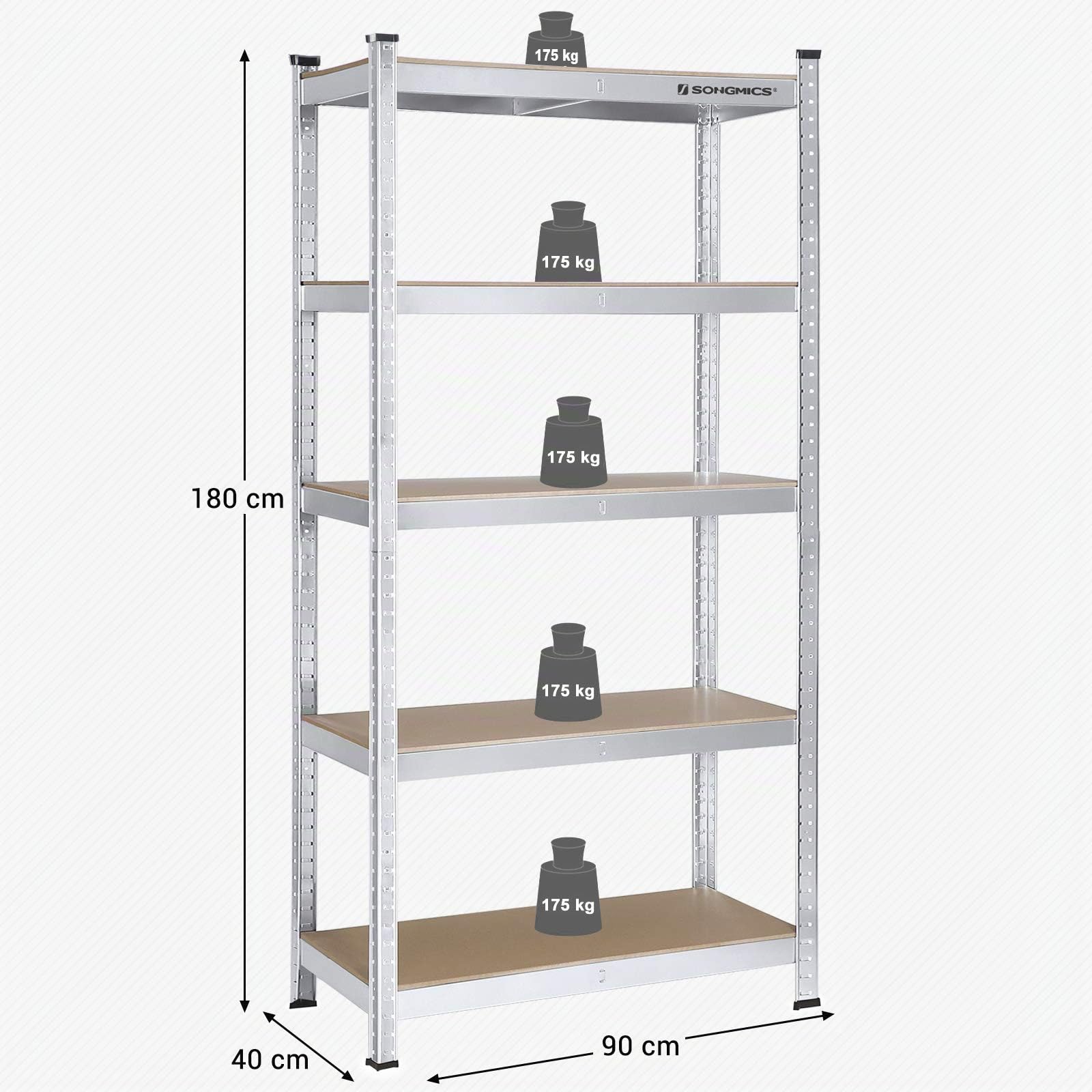 SONGMICS Schwerlastregal, 2er Set, Lagerregal, Kellerregal, 40 x 90 x 180 cm, bis 875 kg belastbar, 5 verstellbare Ablagen, Regal aus Metall, Steckregal, Werkstattregal, Keller, Silber GLR80SV