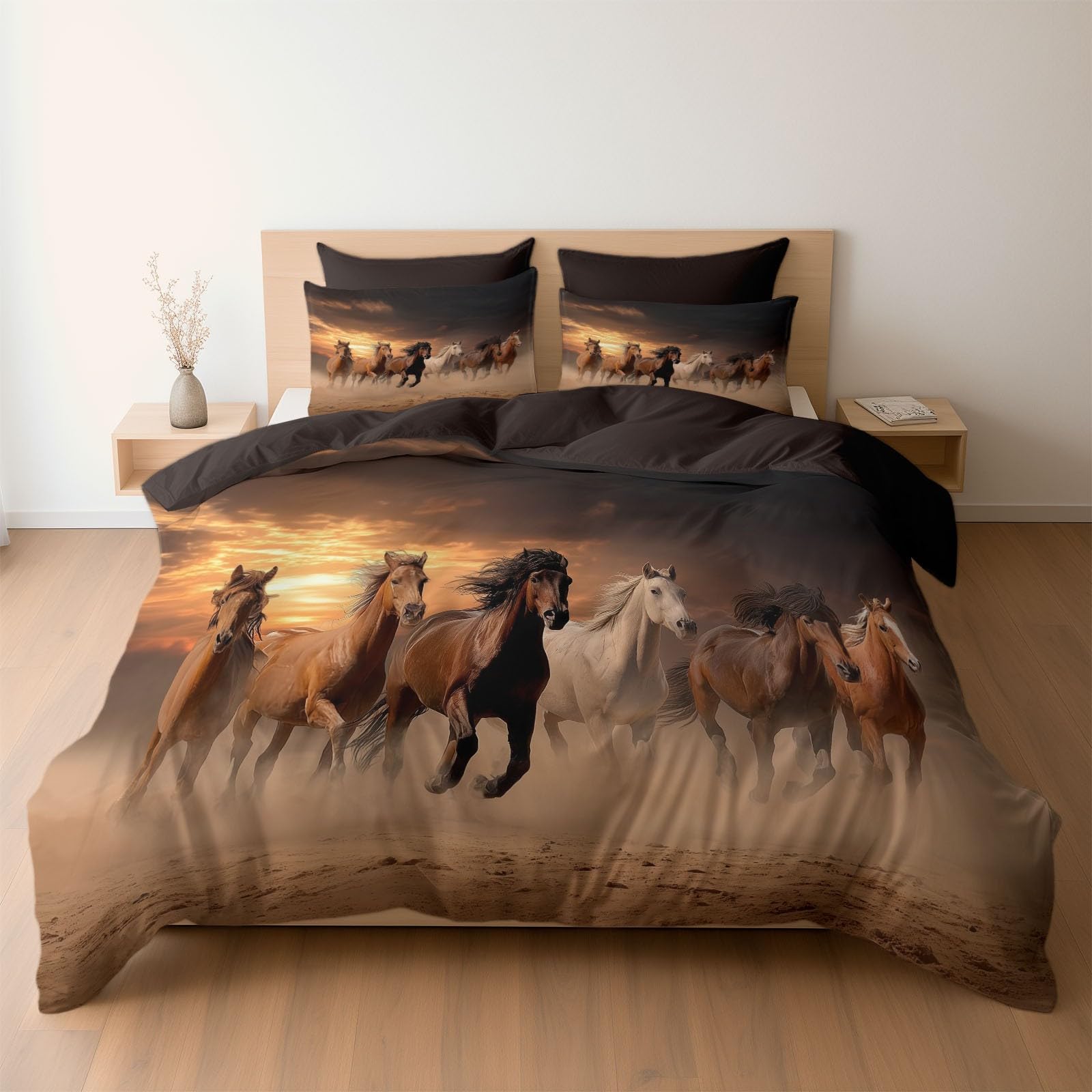 Parure de lit chocolat 140x200 en microfibre brossée douce motif chevaux finition premium