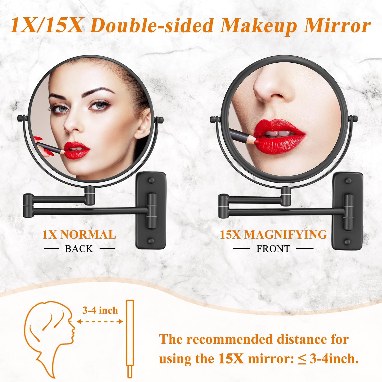 DECLUTTR 1X/15X Wall Mounted Makeup Mirror, 8" Double Sided Vanity Magnifying Mirror, 360° Swivel Extendable Bathroom Make Up Mirror, Black