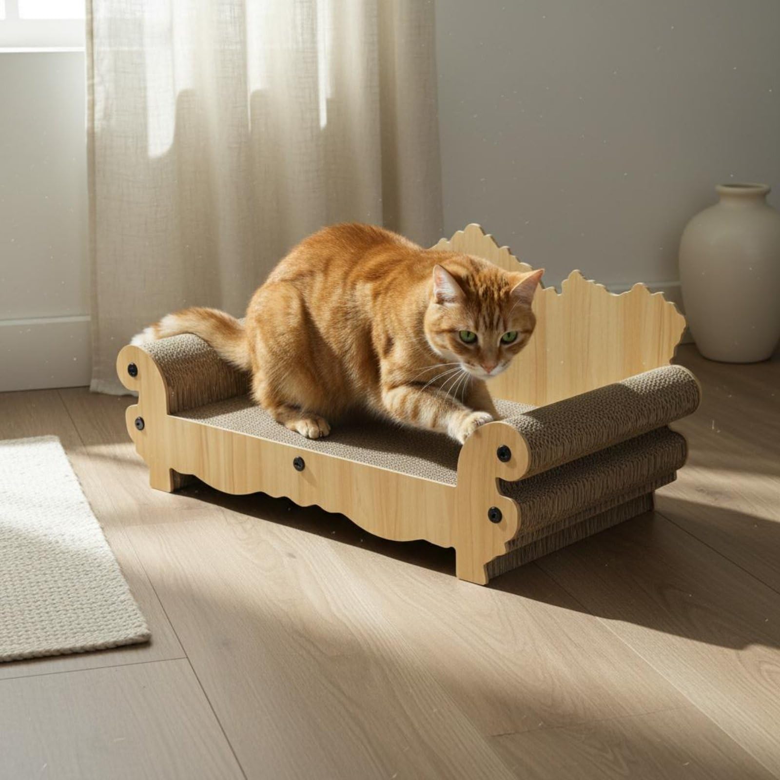 Canapé Griffoir pour Chat Griffoir Canapé Lit Meuble Sofa Courbure Anatomique pour Soutien Carton Ondulé Dense Antidébris Cadre Stable Imitation Bois, Haute Qualité