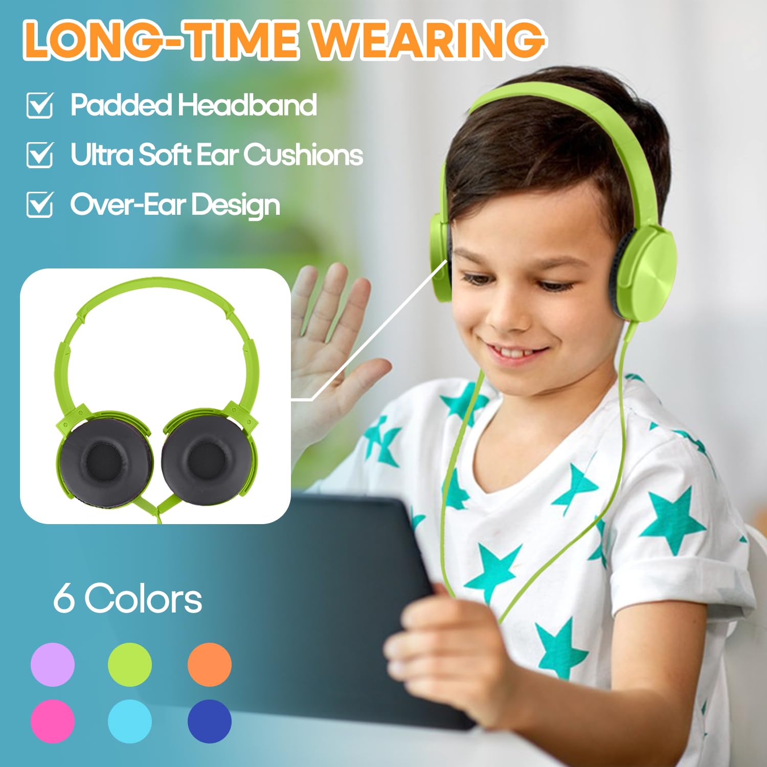 Set di 12 cuffie da scuola per bambini multicolori stereo over ear auricolari auricolari cablati per studenti, comodi auricolari girevoli per bambini, biblioteca aereo online apprendimento e viaggio