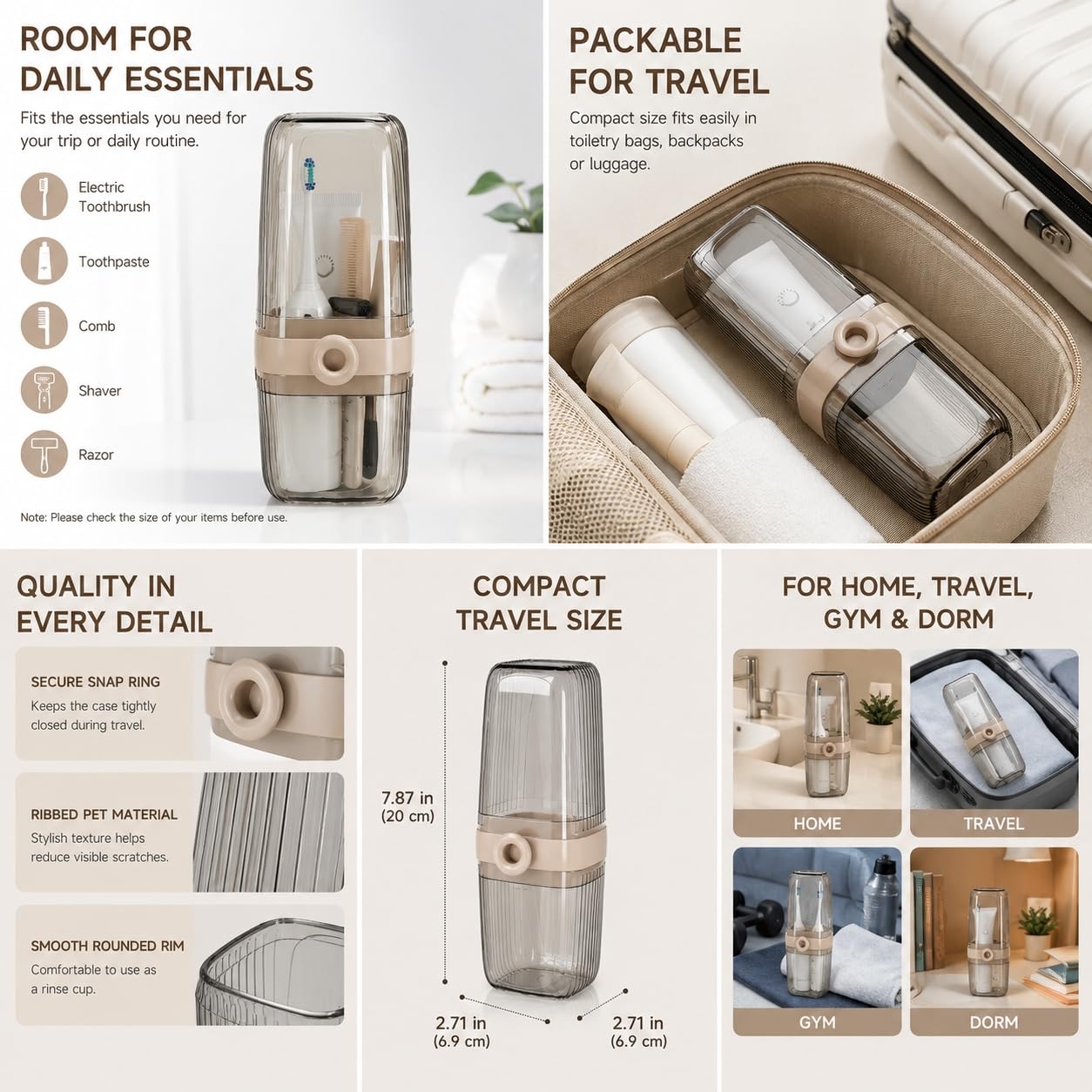 Estuche de viaje para cepillo de dientes, soporte para cepillo de dientes 2 en 1 y taza de enjuague, taza de cepillo de dientes de gran capacidad con tapa, soporte portátil para cepillo de