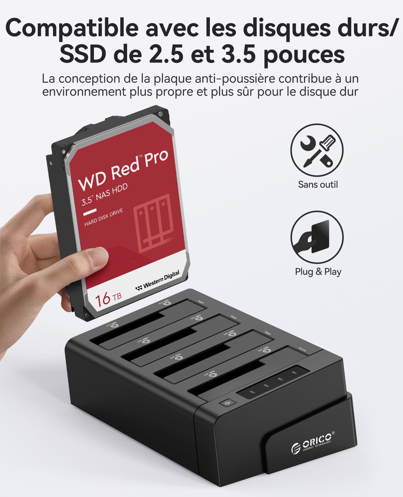 ORICO 4-bay USB 3.0 Hard Disk Docking Station da 2,5 e 3,5 Pollici Disco Rigido, Dock HDD con Non in Linea Clone Funzione, con Adattatore di alimentazione 12V6.5A (6638US3-C)