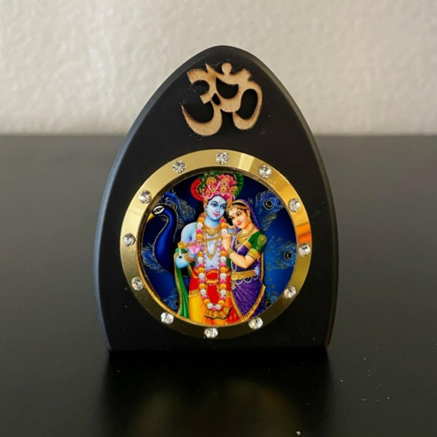 Radha Krishna with Peacock Statue Wooden Frame for Car Dashboard Home