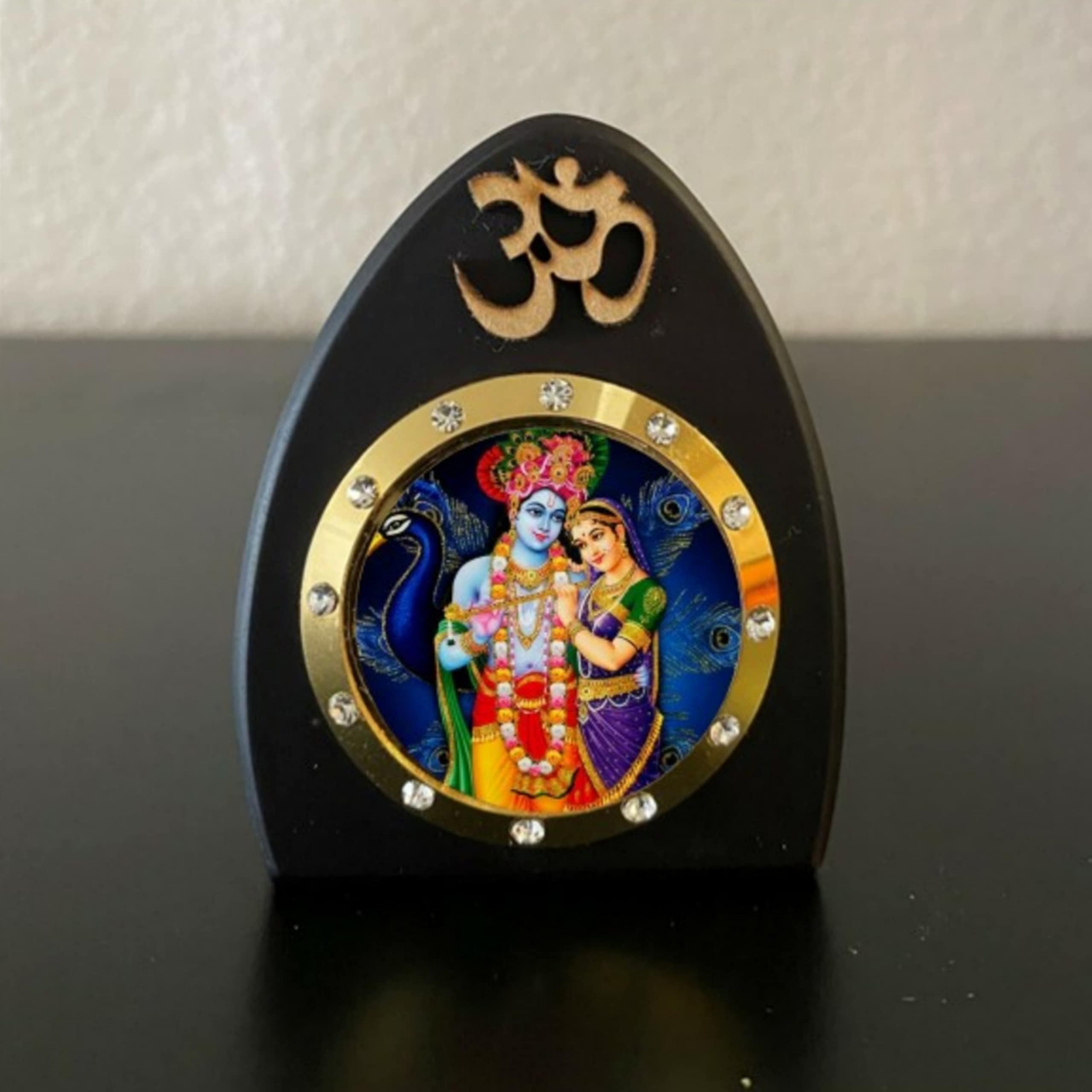 Radha Krishna with Peacock Statue Wooden Frame for Car Dashboard Home Office Temple Mandir Hinduism (Peacock Radha Krishna)