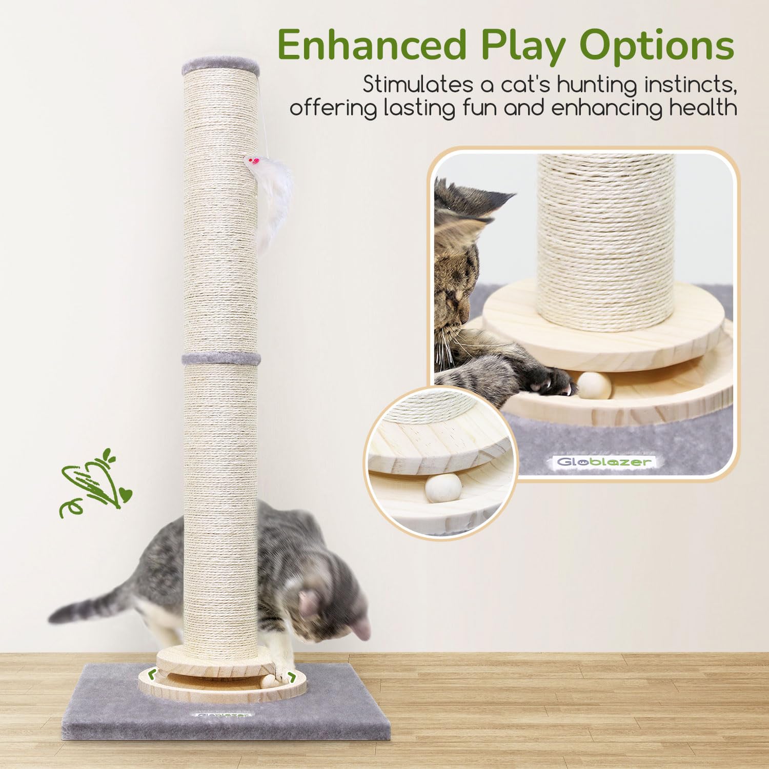 Globlazer Palo Tiragraffi per Gatti Adulti, Colonne Tiragraffi Alto 90cm & 50 cm Regolabile 2 in 1 con Grande Base Palo Tiragraffi in Sisal Trackball in Legno Gatti Giocattoli (SC35, Grigio Chiaro)
