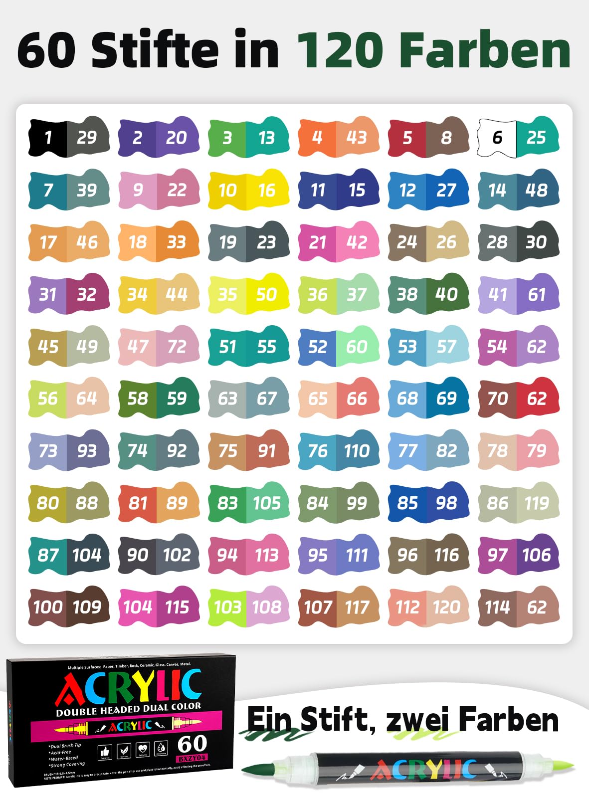 AEDAGA 60 Acrylstifte mit App, 120 Farben Doppelspitze Acrylic Marker Set | Automatische Tintensteuerung | Vielseitig einsetzbar | Farbcode | Starke Deckkraft | Acrylmarker für Leinwand, Glas, Keramik