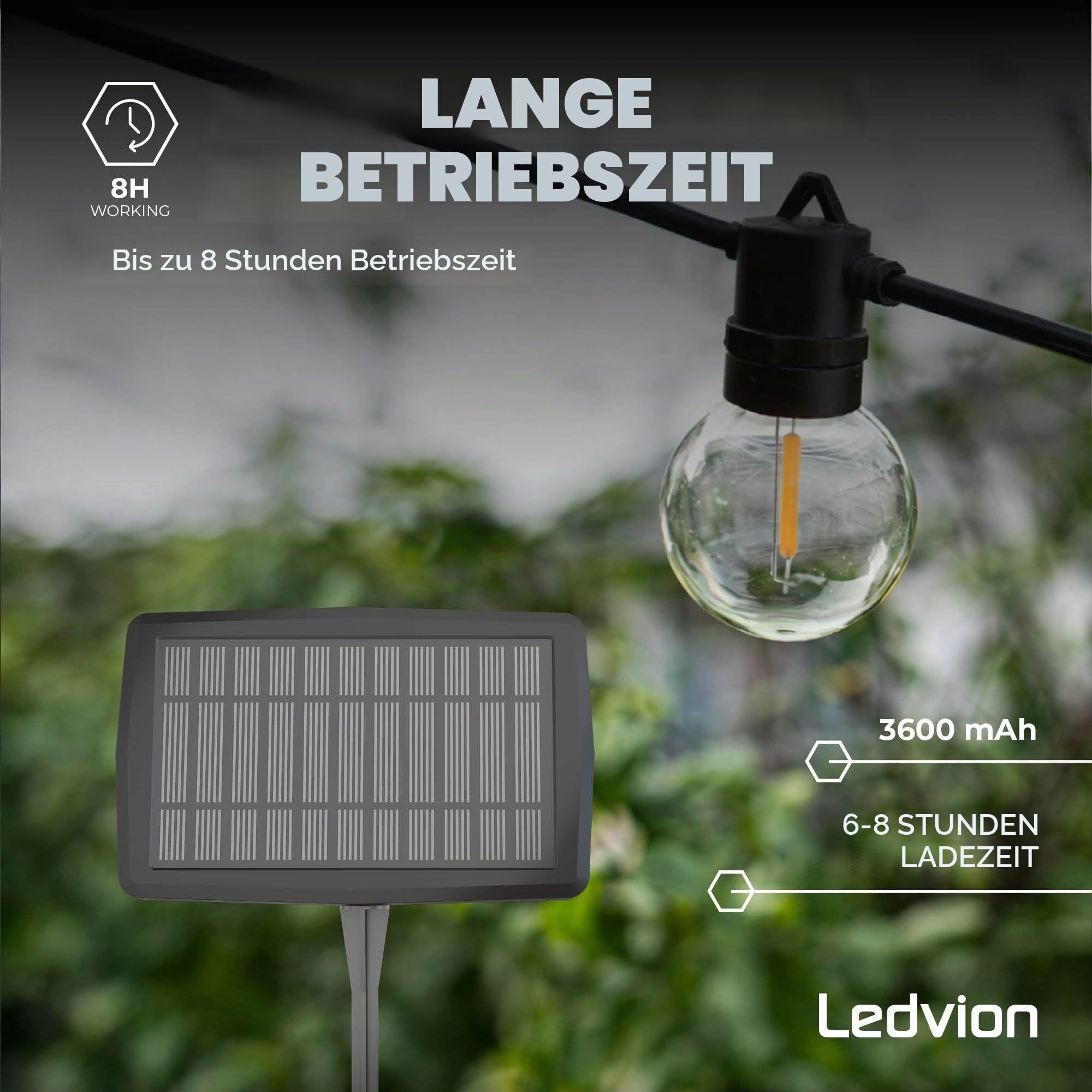 Ledvion - Lichterkette, 16.5M Solar, 30x E12 LED Lampe, wasserdicht IP44, 2700K, G40, Plug & Play, koppelbar