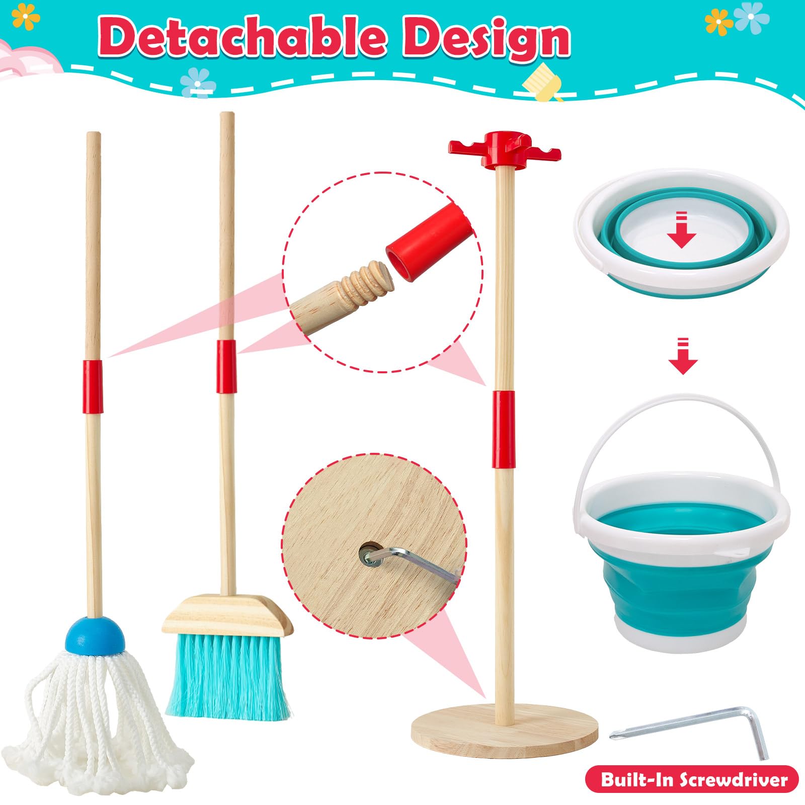 Atoylink Kinder Putzset 9-Teilige Holzspielzeug mit Kinder Besen Mopp Kehrschaufel Set Handfeger Eimer Lappen Staubwedel Ständer aus Holz Putzset Rollenspiele für Mädchen Jungen 3 4 5 6 Jahre