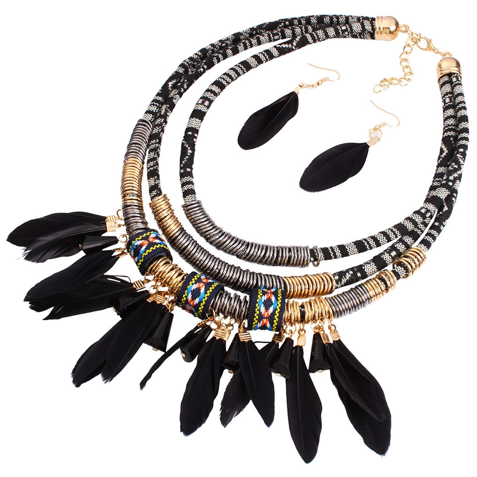 Colgante de plumas negro con pendientes de diseño étnico sofisticado 5