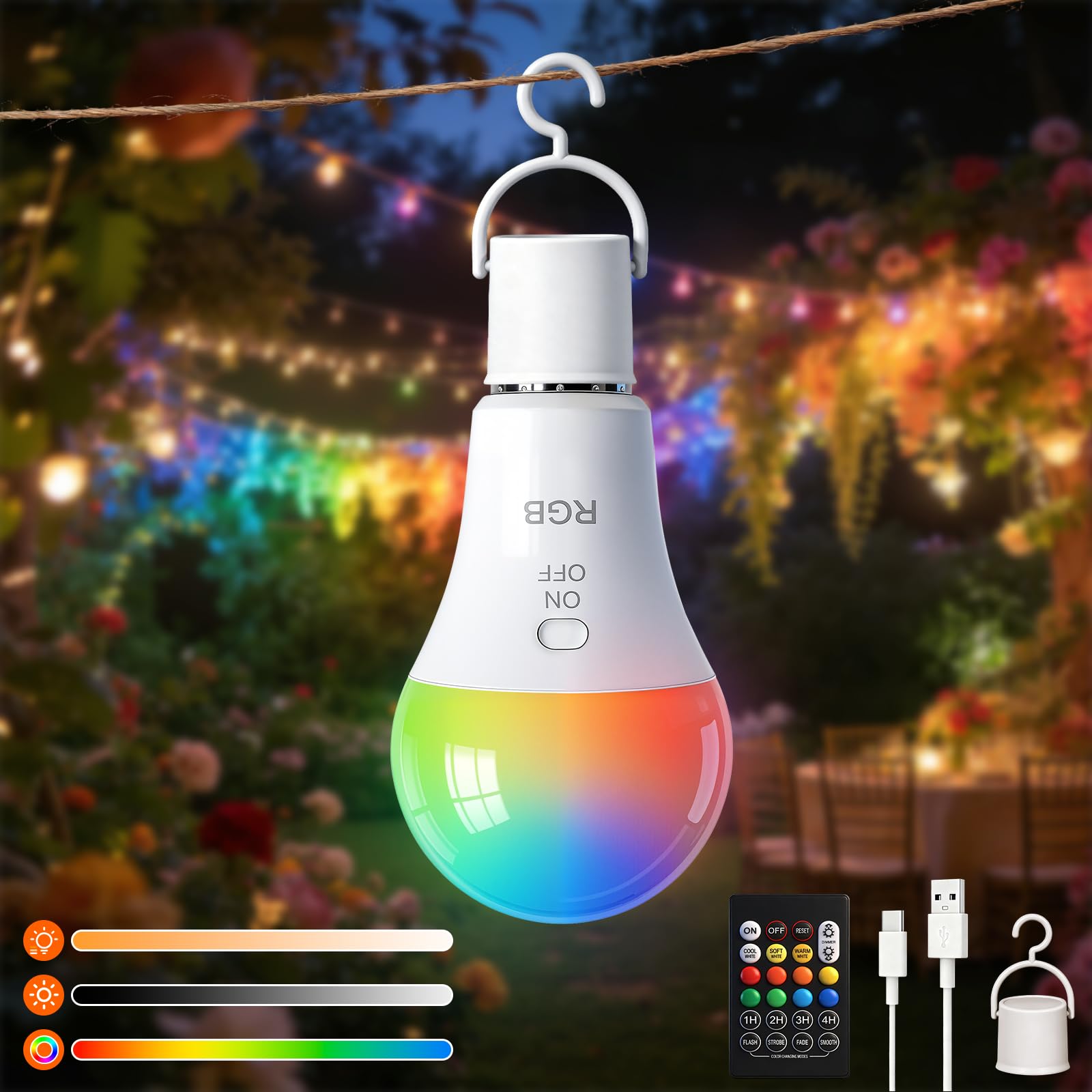 Ketom E27 Rechargeable Light Bulb with Remote, USB Rechargeable Bulbs for Lamps, 7W RGB LED Battery Light Bulb with Timing, 3 Color Temperatures Dimmable Button Control, for Lamps with No Electricity