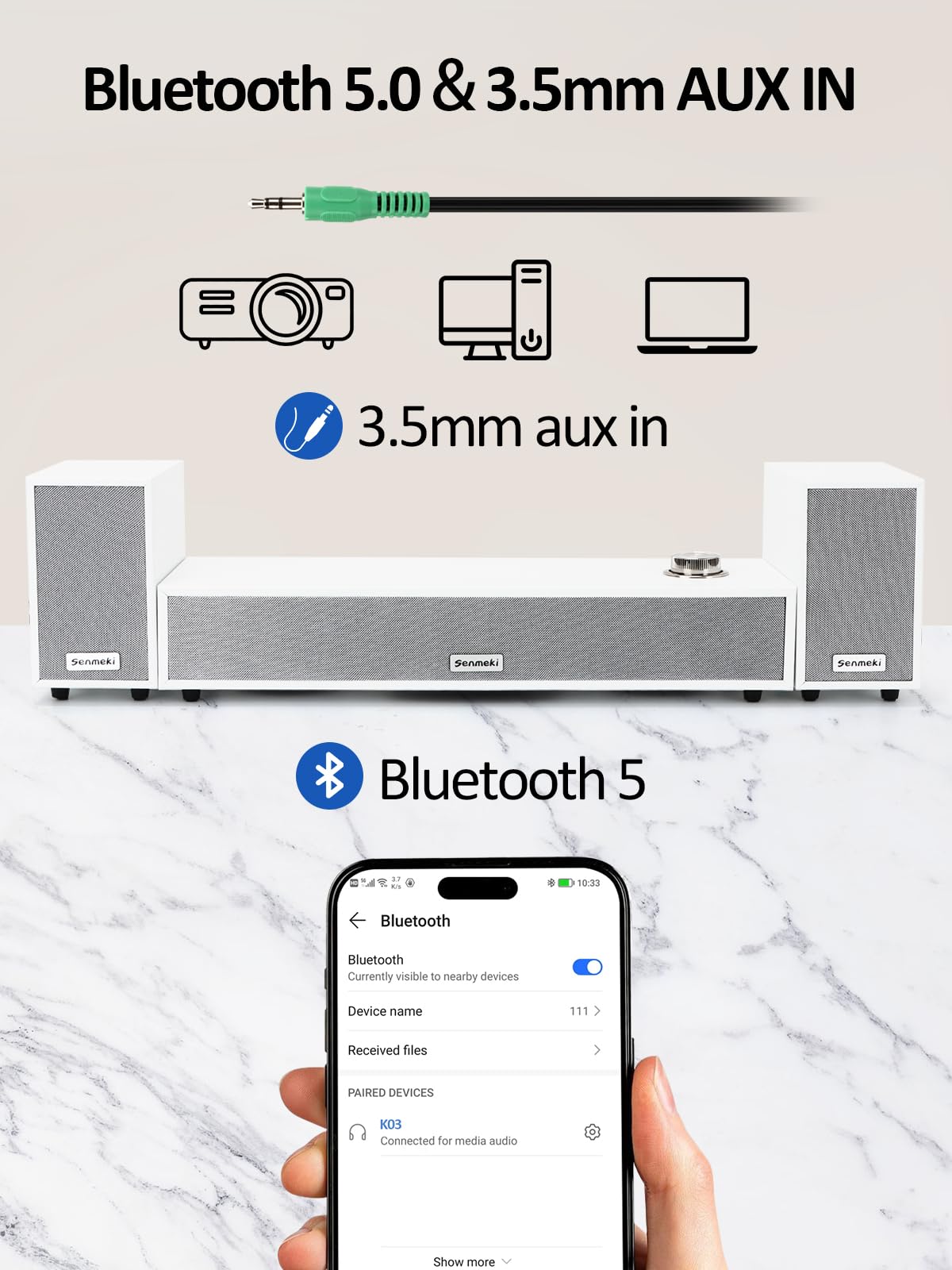 Altavoces para computadora, altavoz para PC con subwoofer, altavoces de escritorio 2.1 con alimentación USB, Bluetooth 5.0 y entrada RCA, altavoces para PC de escritorio, portátiles, fonógrafos(K03)